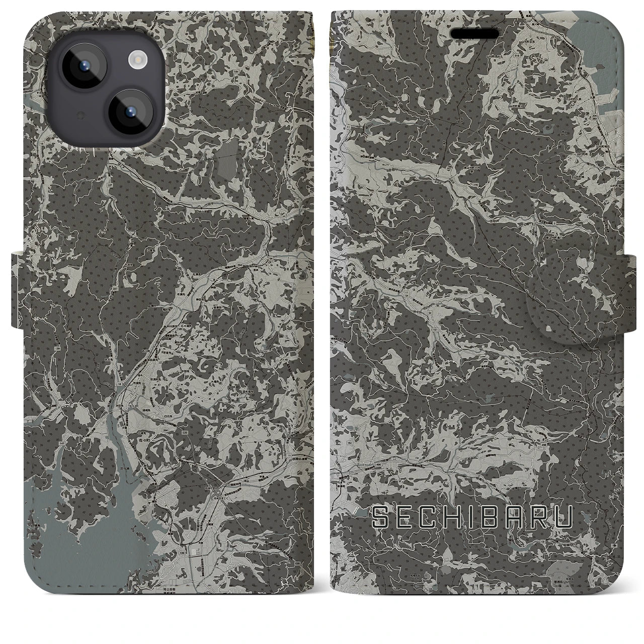 【世知原(長崎県)】地図柄iPhoneケース(手帳タイプ)モノトーン・iPhone 14 Plus 用