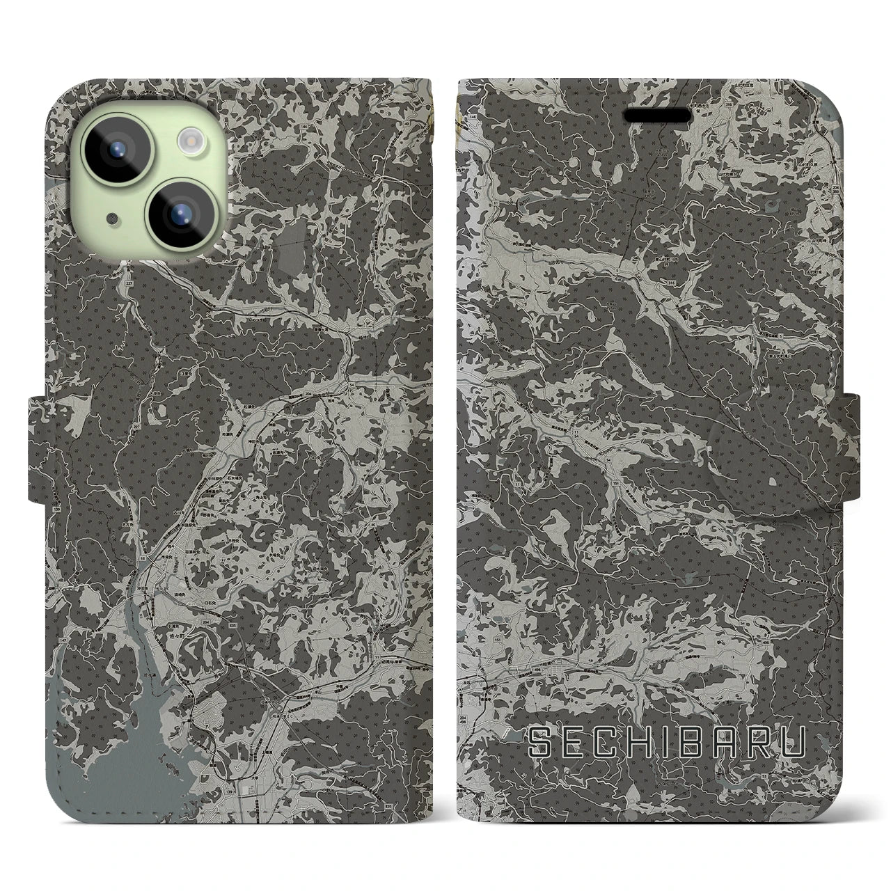 【世知原(長崎県)】地図柄iPhoneケース(手帳タイプ)モノトーン・iPhone 15 用