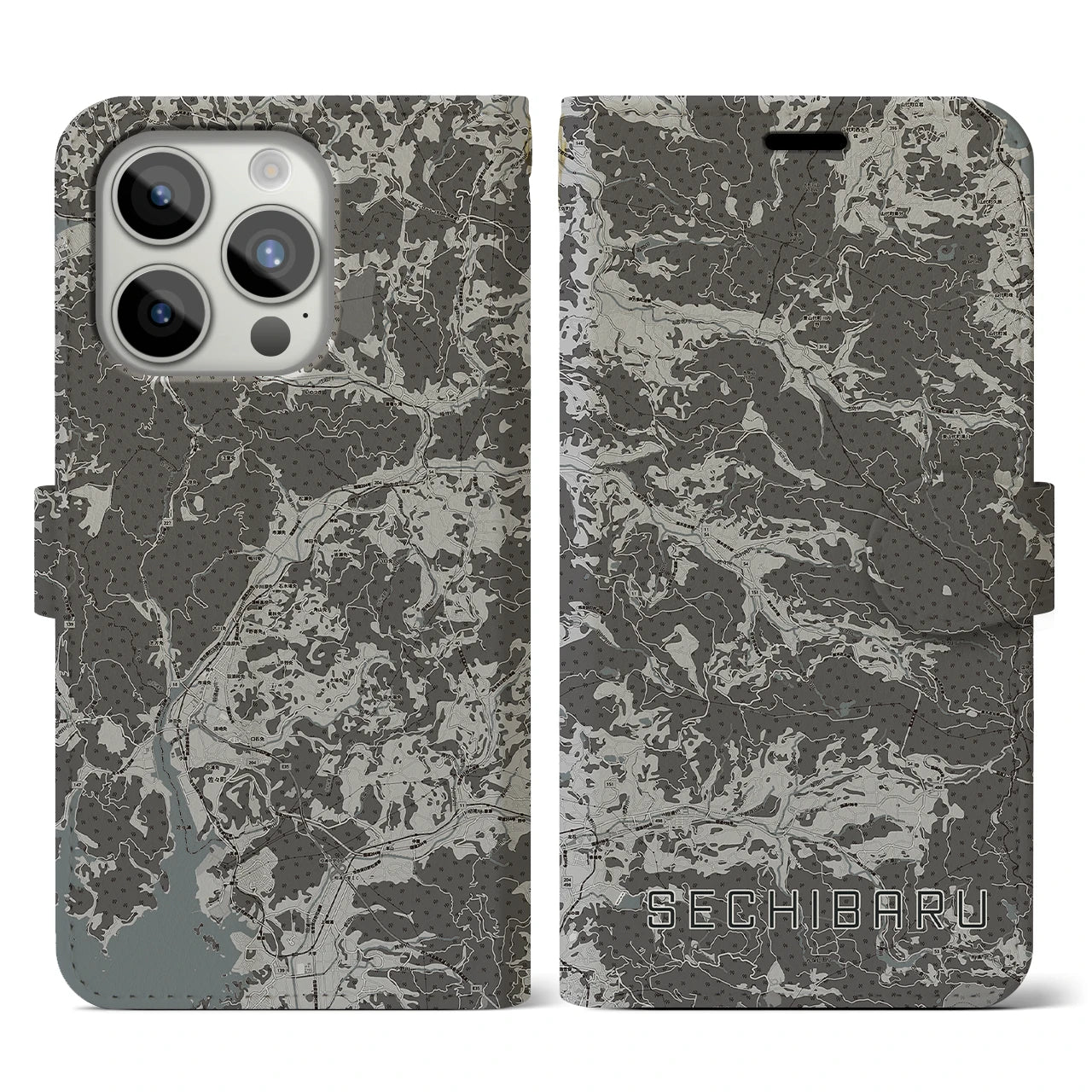 【世知原(長崎県)】地図柄iPhoneケース(手帳タイプ)モノトーン・iPhone 15 Pro 用