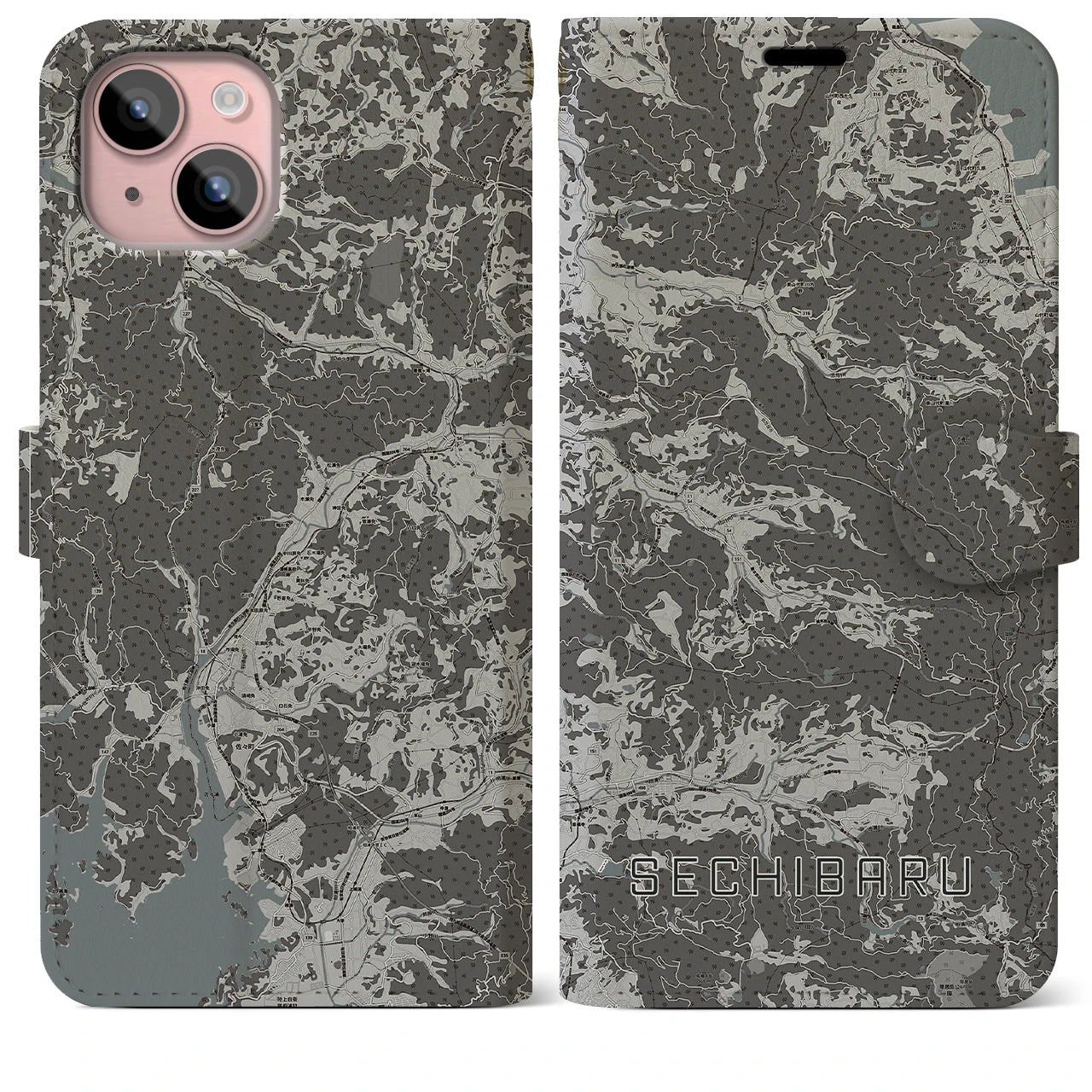 【世知原(長崎県)】地図柄iPhoneケース(手帳タイプ)モノトーン・iPhone 15 Plus 用