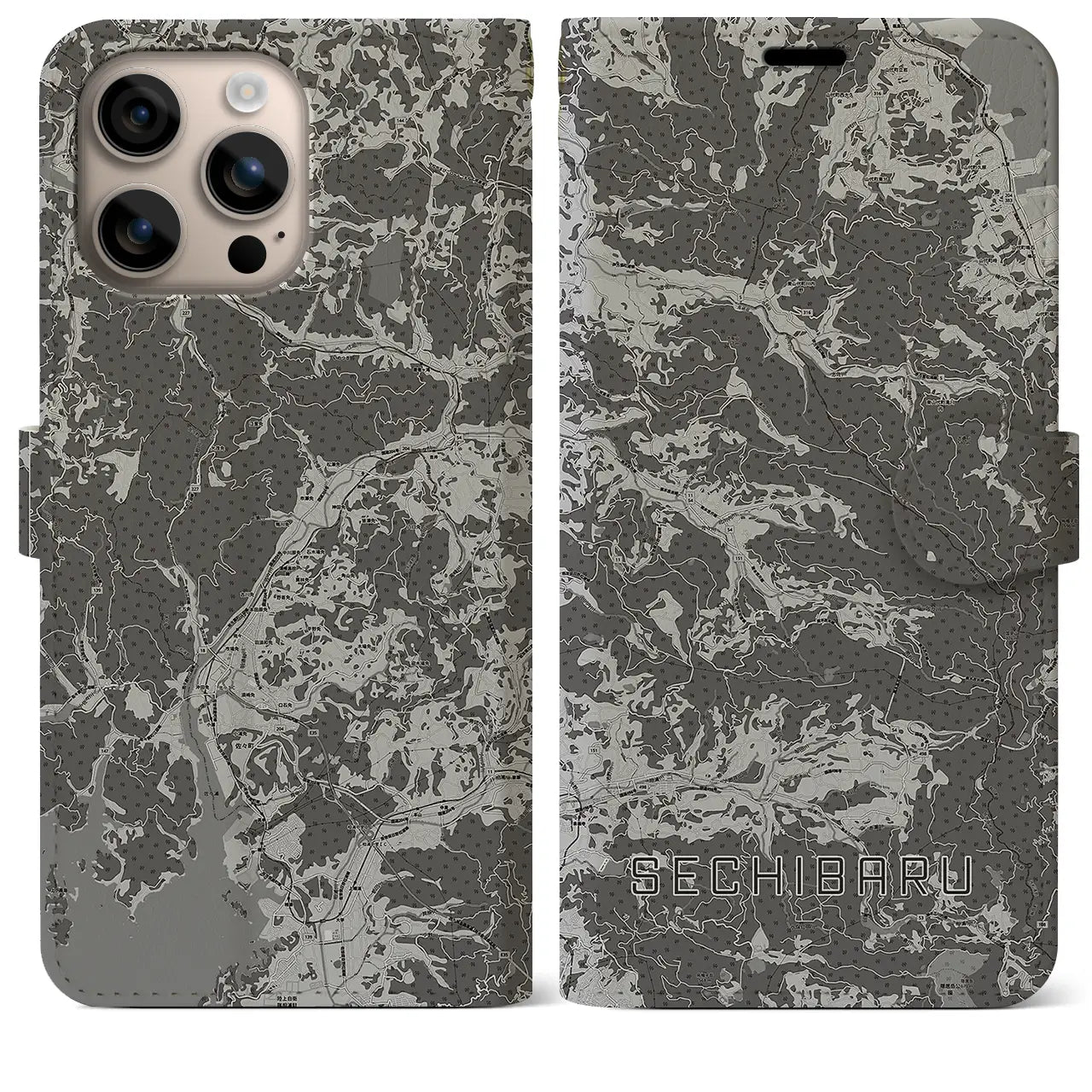 【世知原(長崎県)】地図柄iPhoneケース(手帳タイプ)モノトーン・iPhone 16 Plus 用