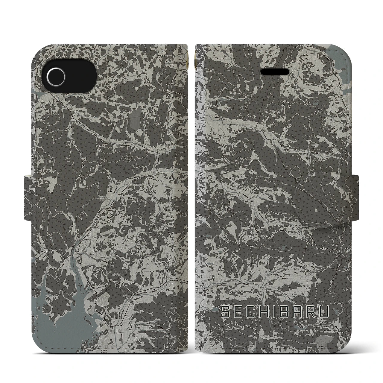 【世知原(長崎県)】地図柄iPhoneケース(手帳タイプ)モノトーン・iPhone SE(第3 / 第2世代) / 8 / 7 / 6s / 6 用