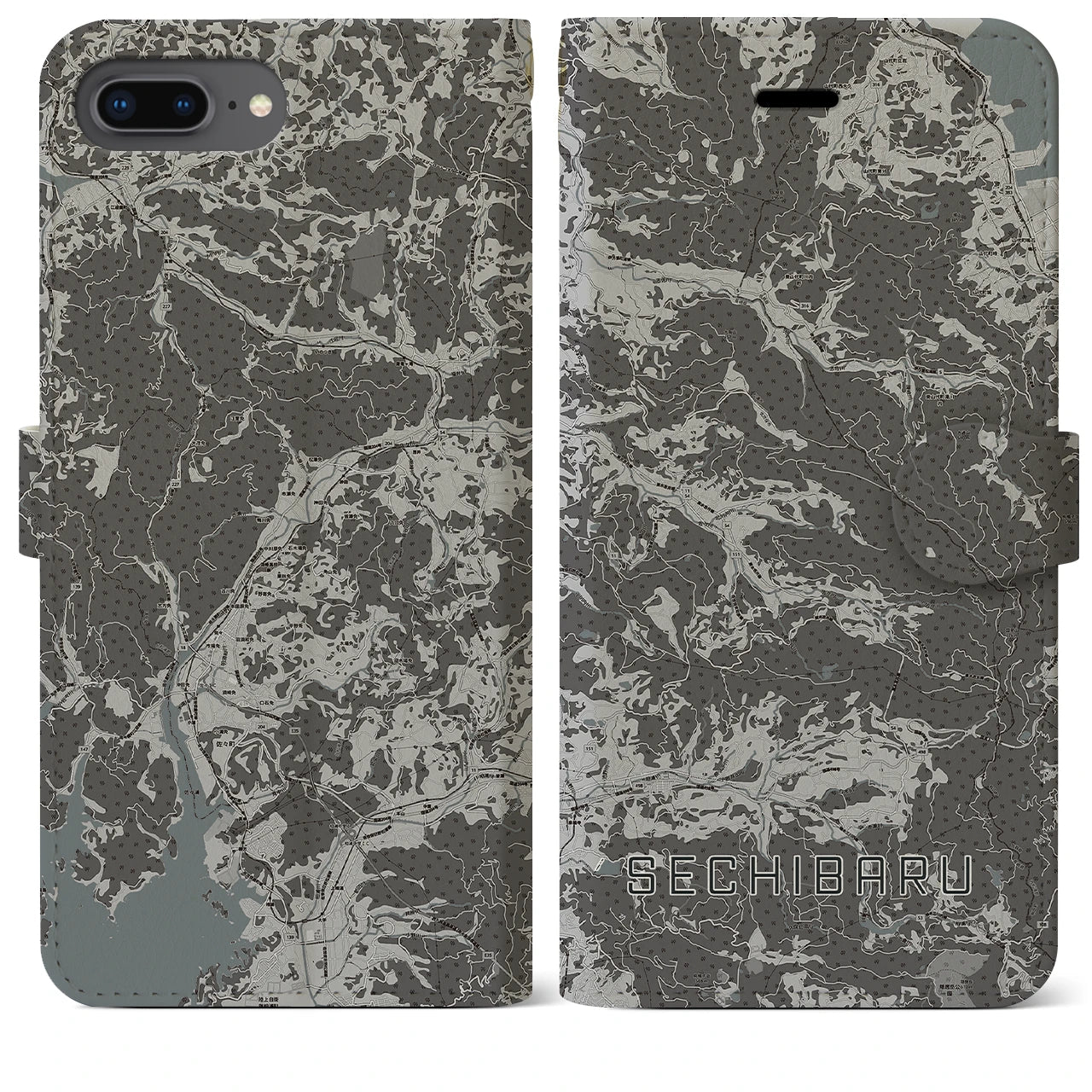 【世知原(長崎県)】地図柄iPhoneケース(手帳タイプ)モノトーン・iPhone 8Plus /7Plus / 6sPlus / 6Plus 用
