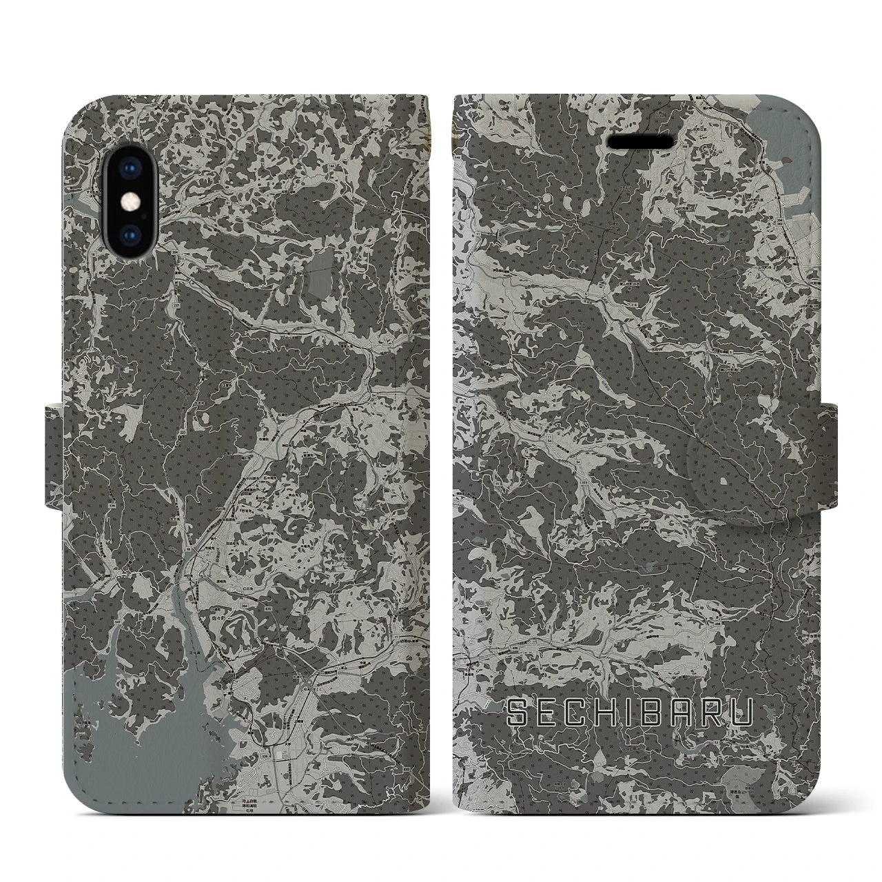 【世知原(長崎県)】地図柄iPhoneケース(手帳タイプ)モノトーン・iPhone XS / X 用