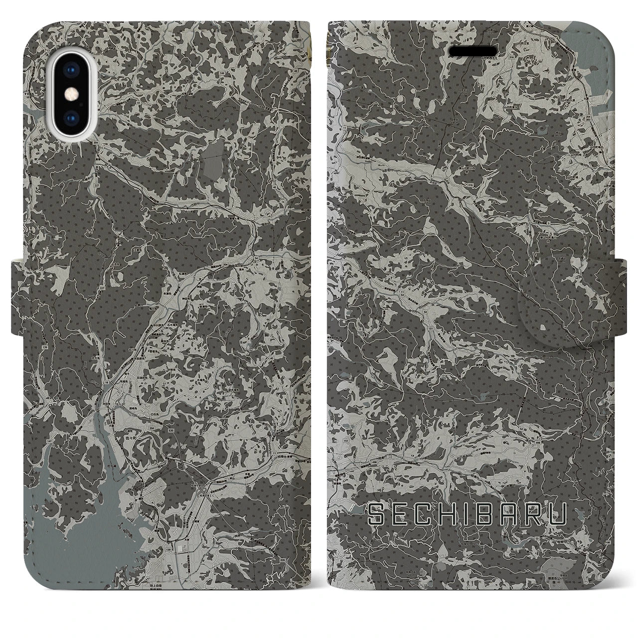 【世知原(長崎県)】地図柄iPhoneケース(手帳タイプ)モノトーン・iPhone XS Max 用