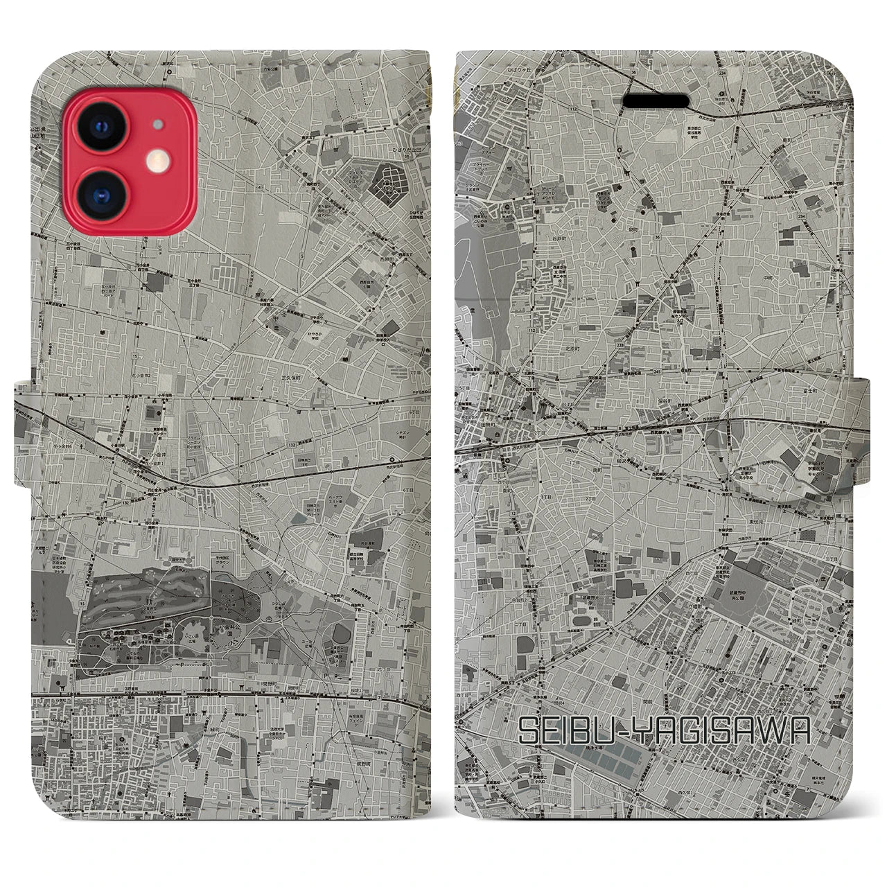 【西武柳沢(東京都)】地図柄iPhoneケース(手帳タイプ)モノトーン・iPhone 11 用