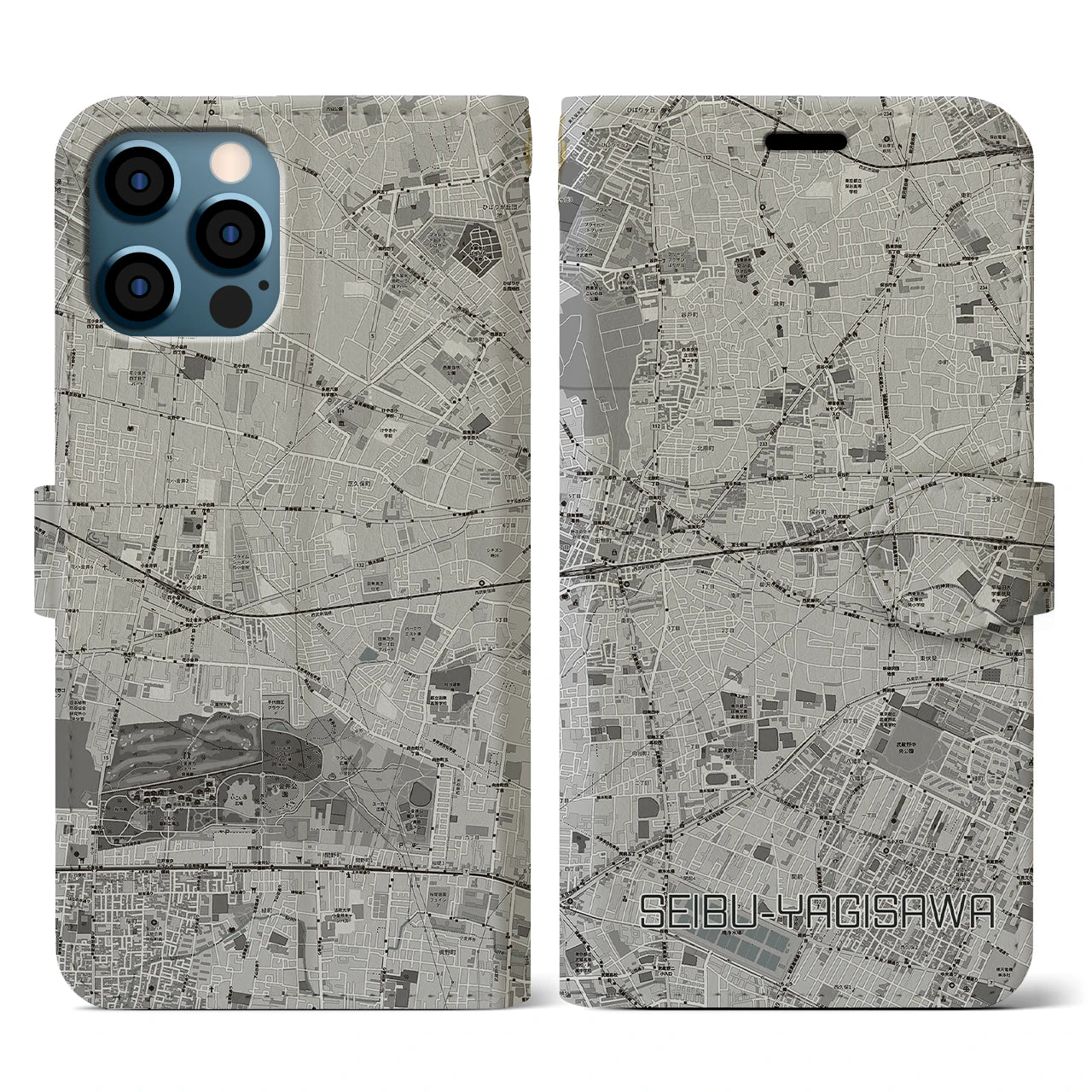 【西武柳沢(東京都)】地図柄iPhoneケース(手帳タイプ)モノトーン・iPhone 12 / 12 Pro 用