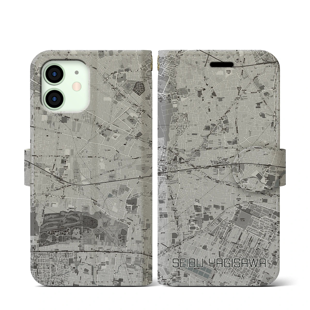 【西武柳沢(東京都)】地図柄iPhoneケース(手帳タイプ)モノトーン・iPhone 12 mini 用