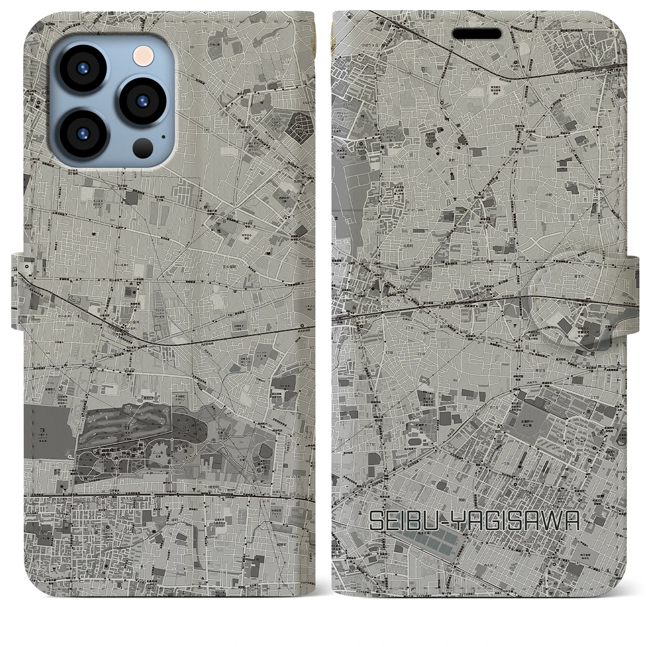 【西武柳沢(東京都)】地図柄iPhoneケース(手帳タイプ)モノトーン・iPhone 13 Pro Max 用
