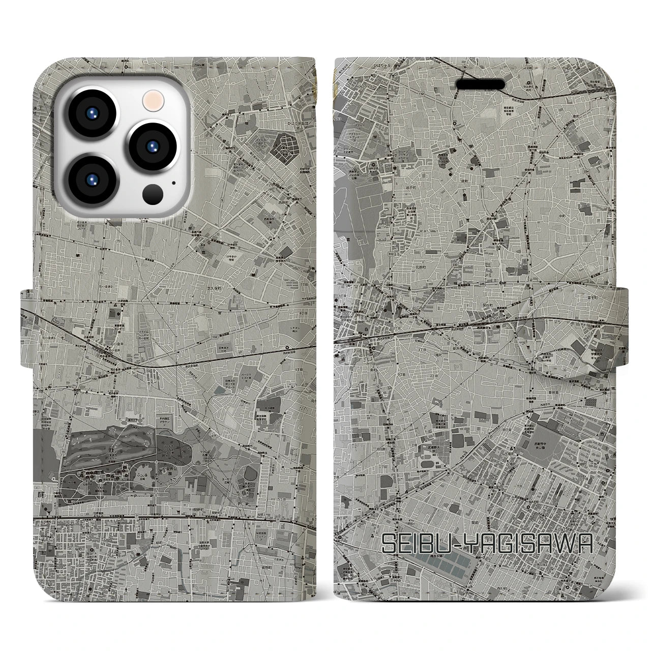 【西武柳沢(東京都)】地図柄iPhoneケース(手帳タイプ)モノトーン・iPhone 13 Pro 用