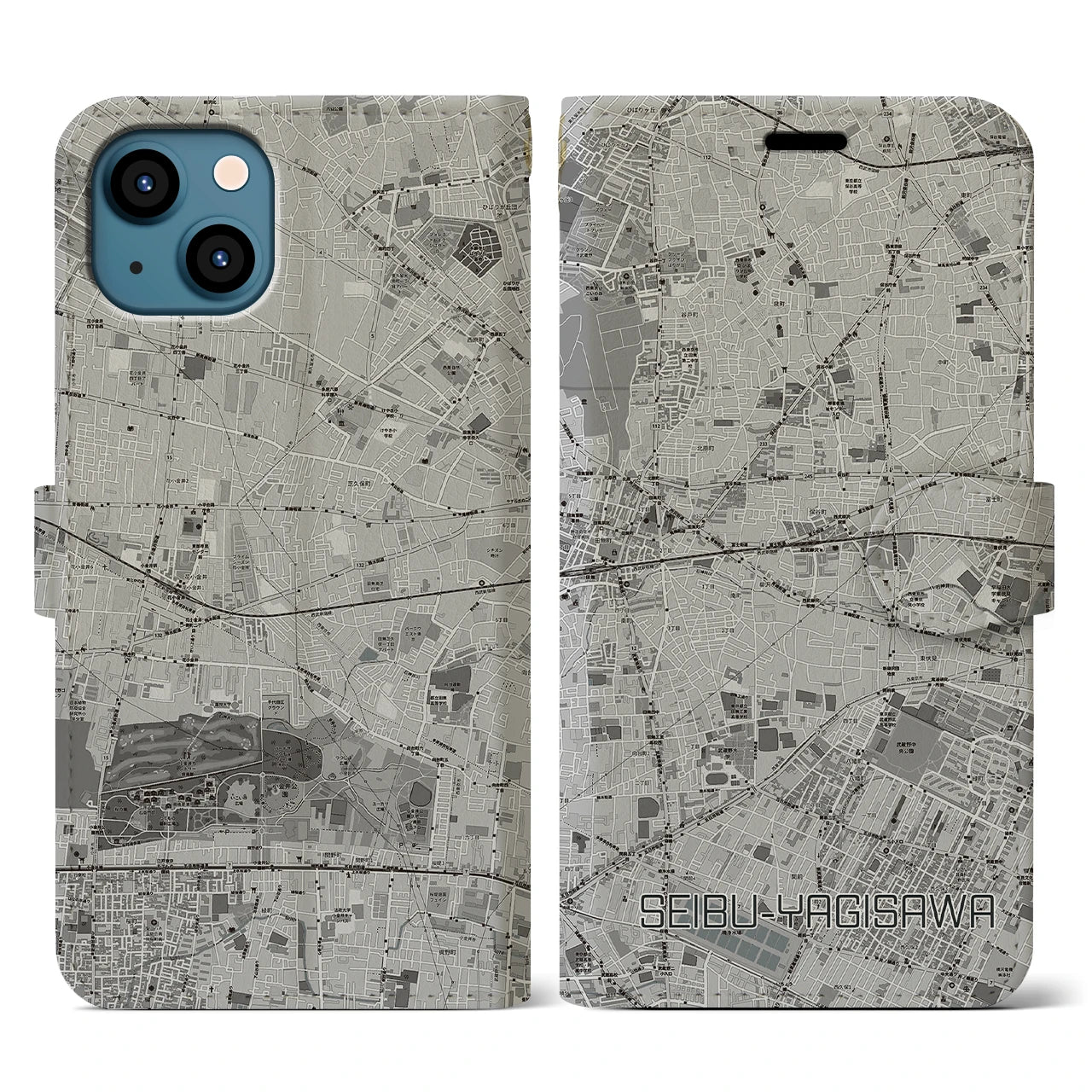 【西武柳沢(東京都)】地図柄iPhoneケース(手帳タイプ)モノトーン・iPhone 13 用