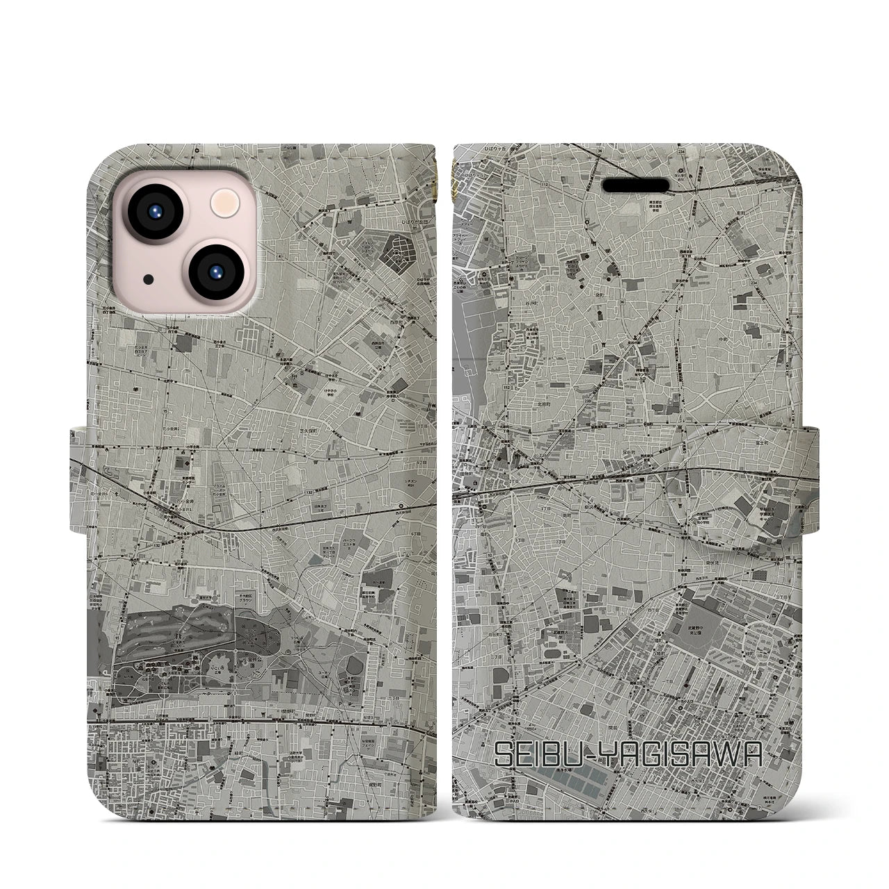 【西武柳沢(東京都)】地図柄iPhoneケース(手帳タイプ)モノトーン・iPhone 13 mini 用