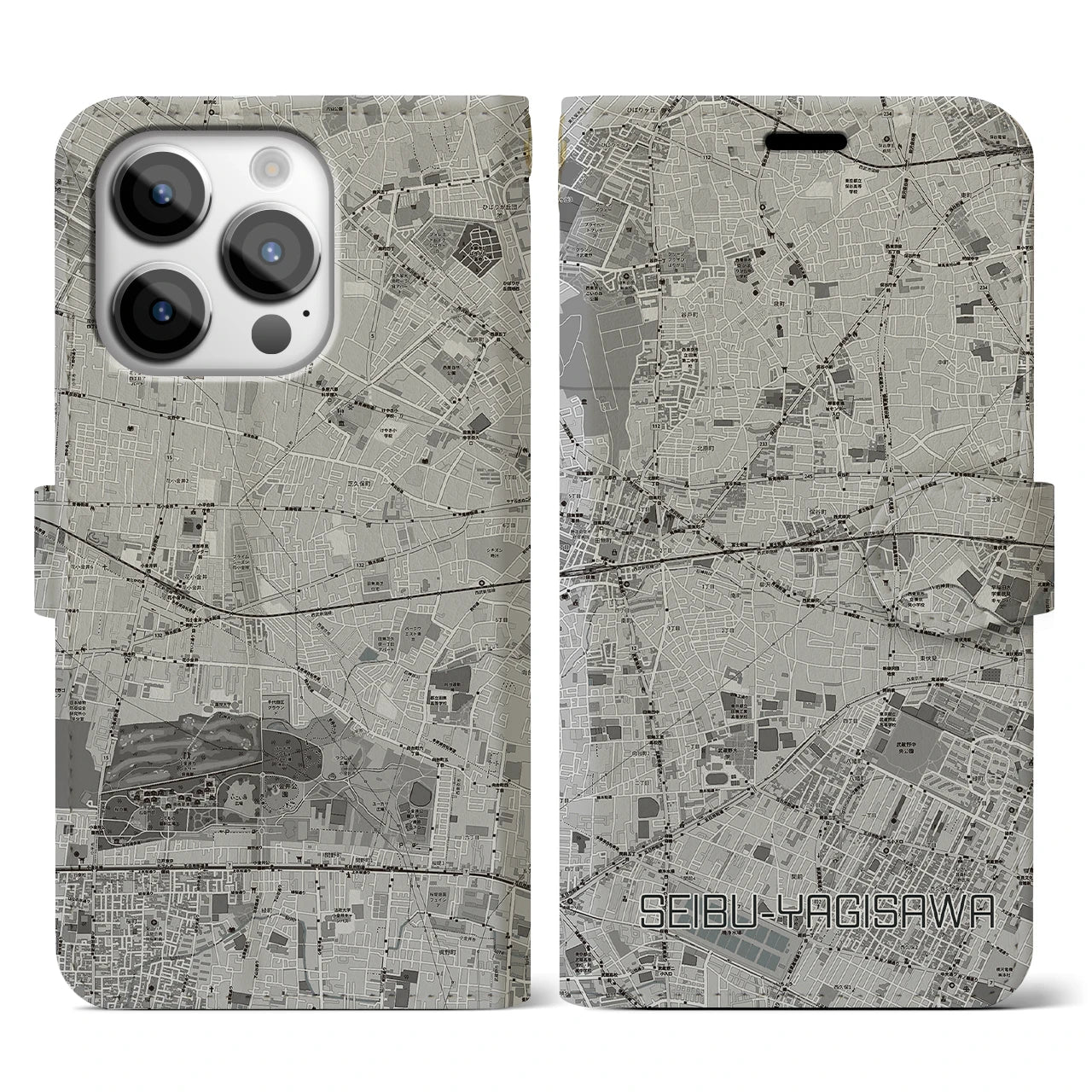 【西武柳沢(東京都)】地図柄iPhoneケース(手帳タイプ)モノトーン・iPhone 14 Pro 用