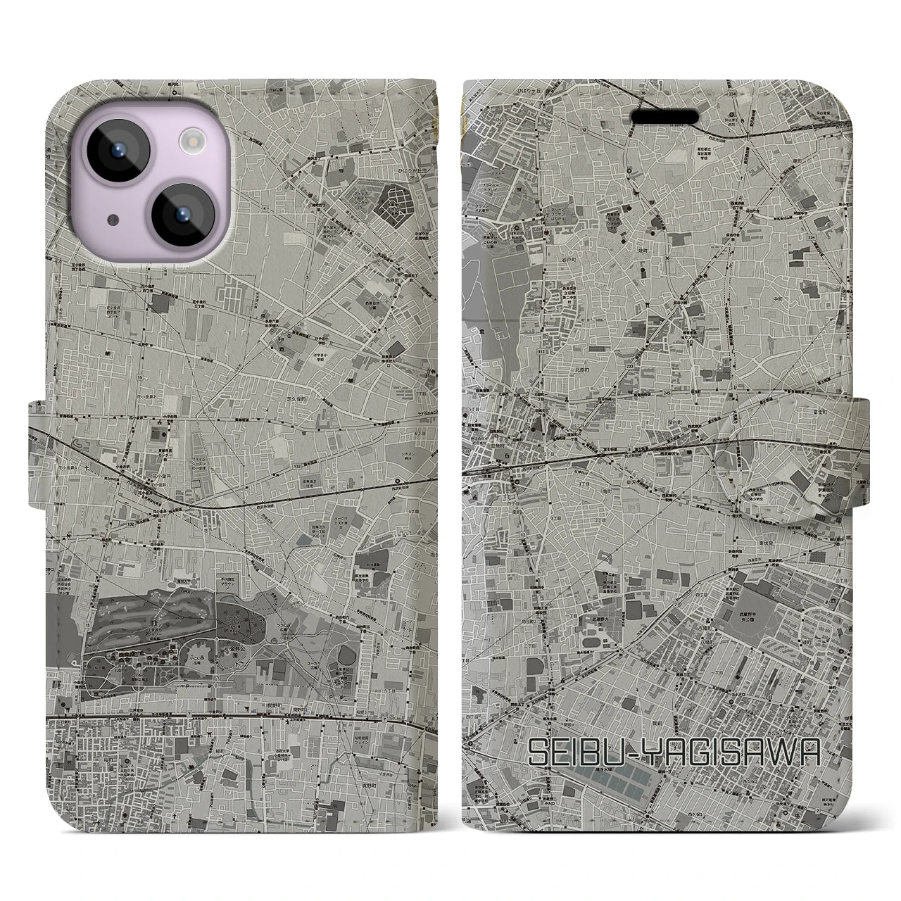 【西武柳沢(東京都)】地図柄iPhoneケース(手帳タイプ)モノトーン・iPhone 14 用