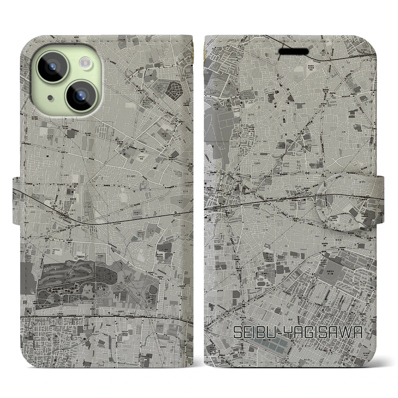 【西武柳沢(東京都)】地図柄iPhoneケース(手帳タイプ)モノトーン・iPhone 15 用
