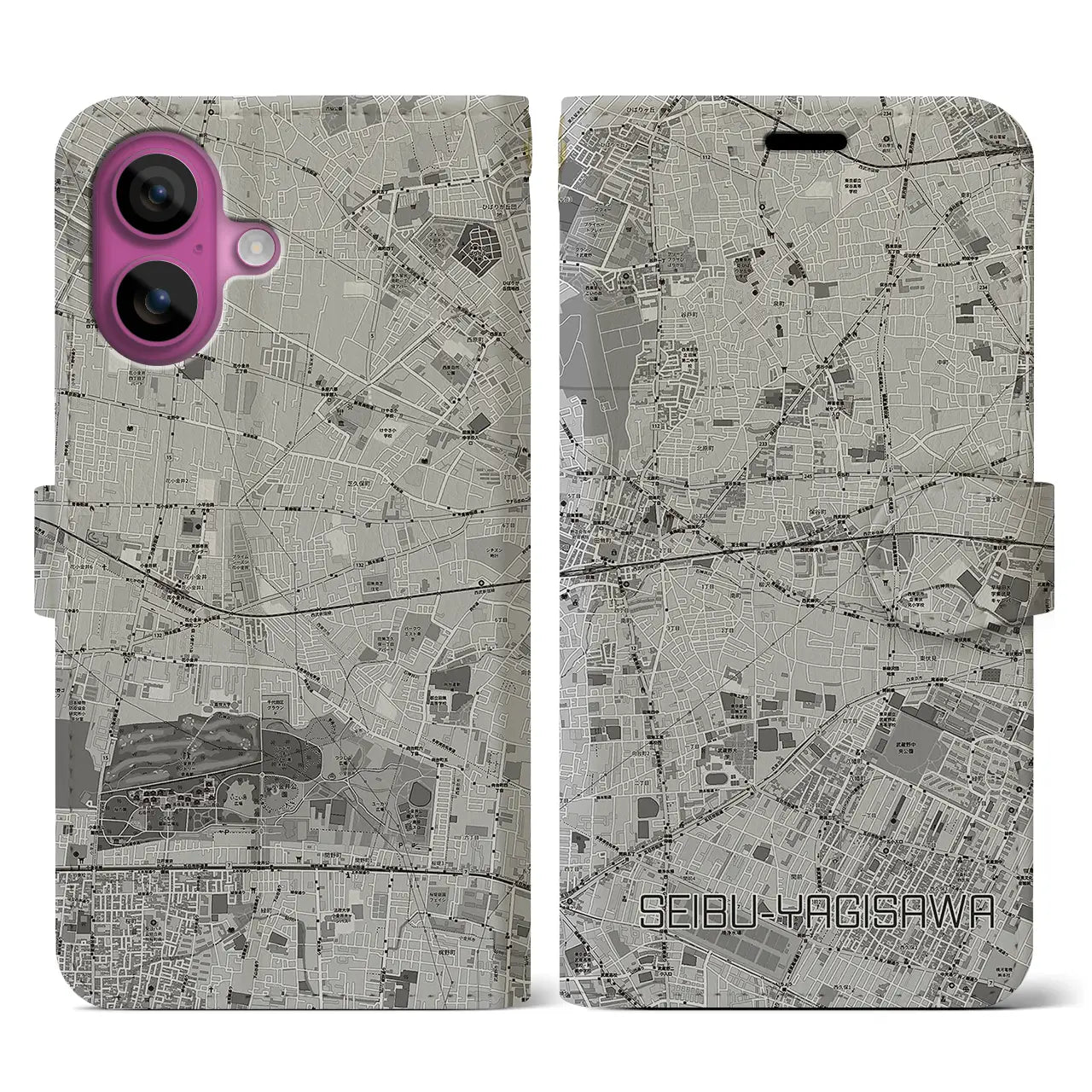 【西武柳沢(東京都)】地図柄iPhoneケース(手帳タイプ)モノトーン・iPhone 16 Pro 用