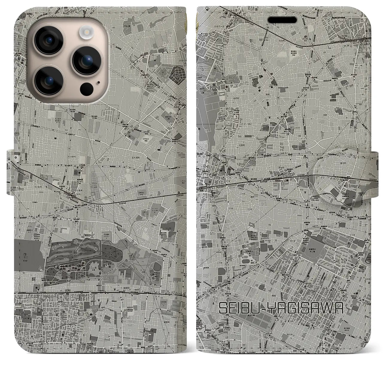 【西武柳沢(東京都)】地図柄iPhoneケース(手帳タイプ)モノトーン・iPhone 16 Plus 用