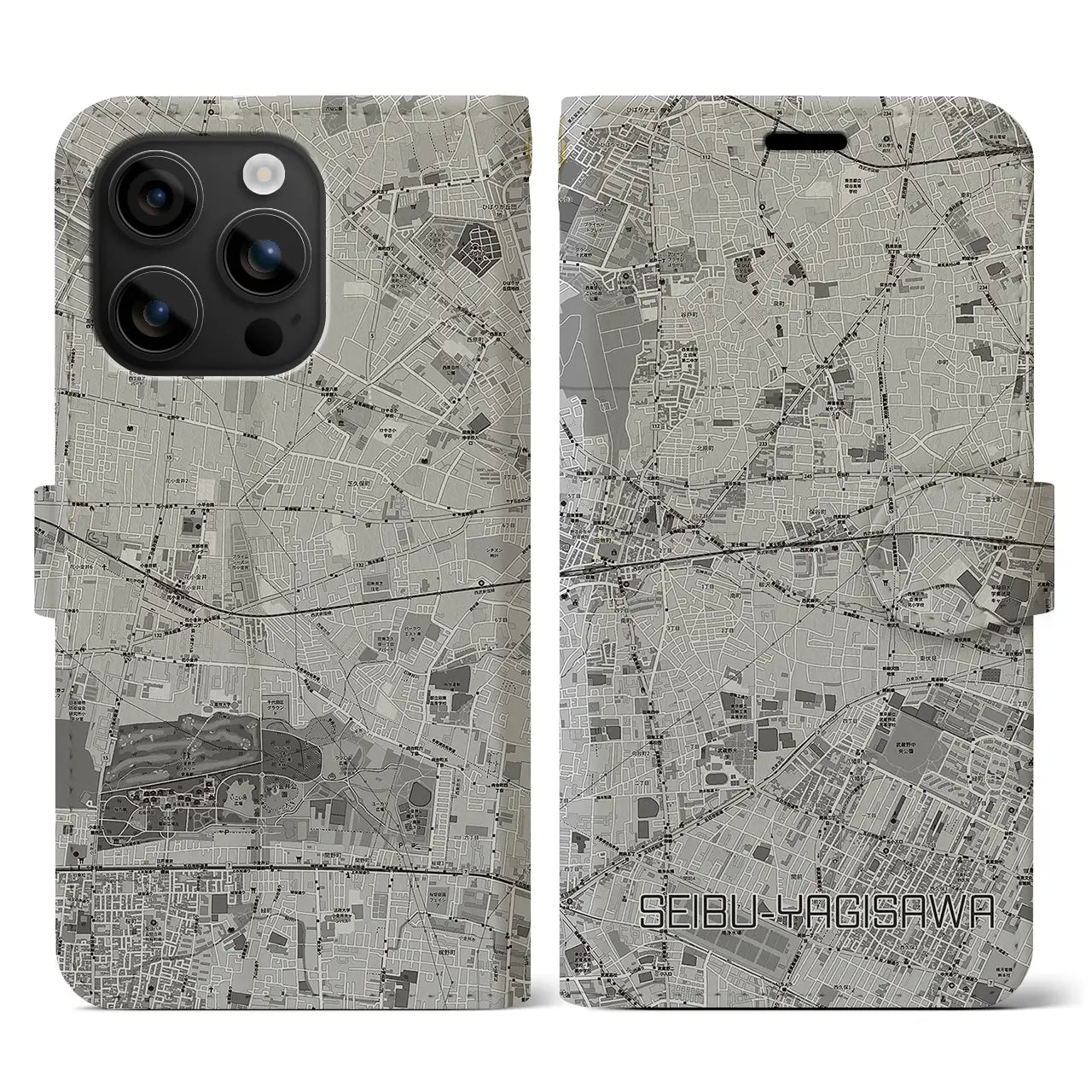 【西武柳沢(東京都)】地図柄iPhoneケース(手帳タイプ)モノトーン・iPhone 16 用