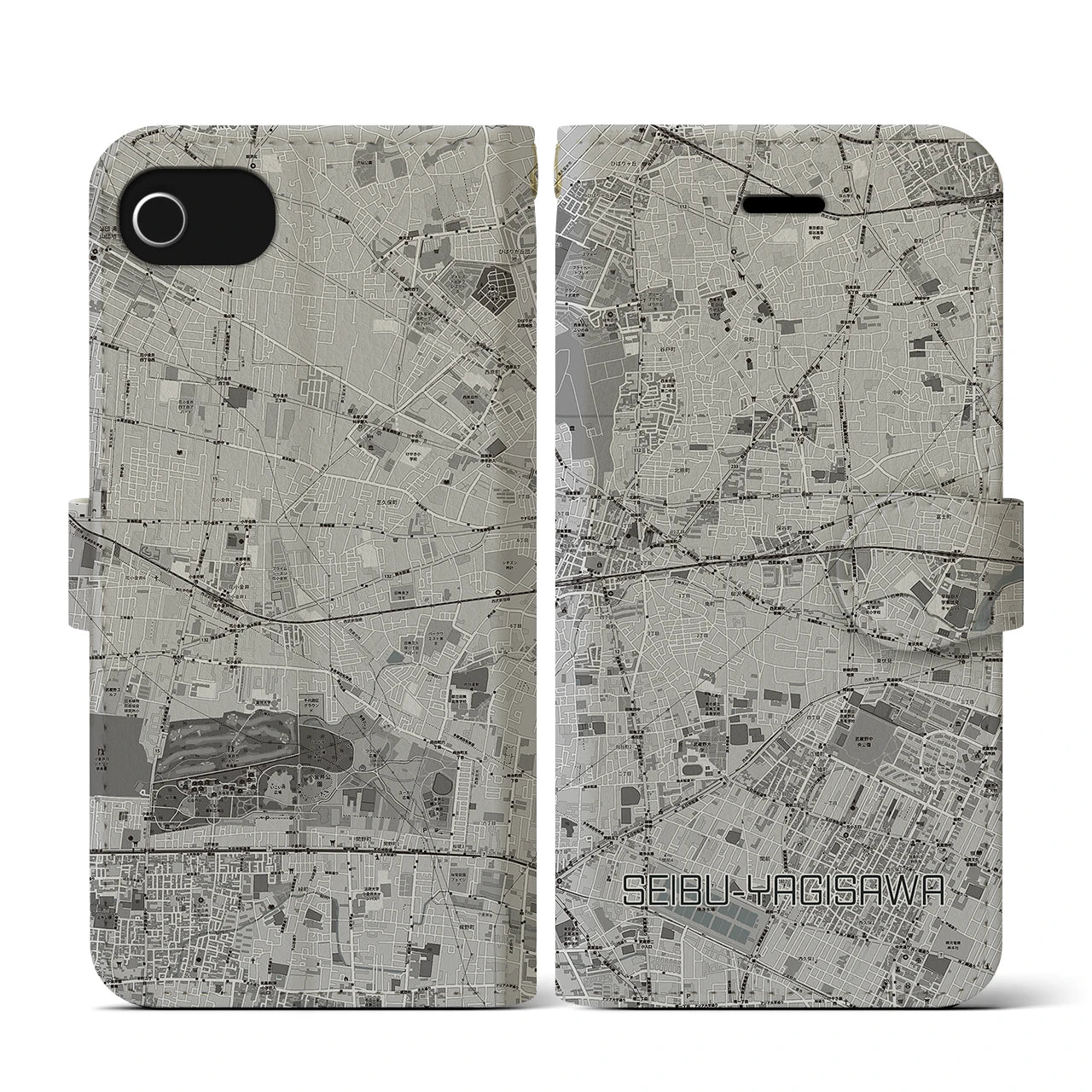 【西武柳沢(東京都)】地図柄iPhoneケース(手帳タイプ)モノトーン・iPhone SE(第3 / 第2世代) / 8 / 7 / 6s / 6 用