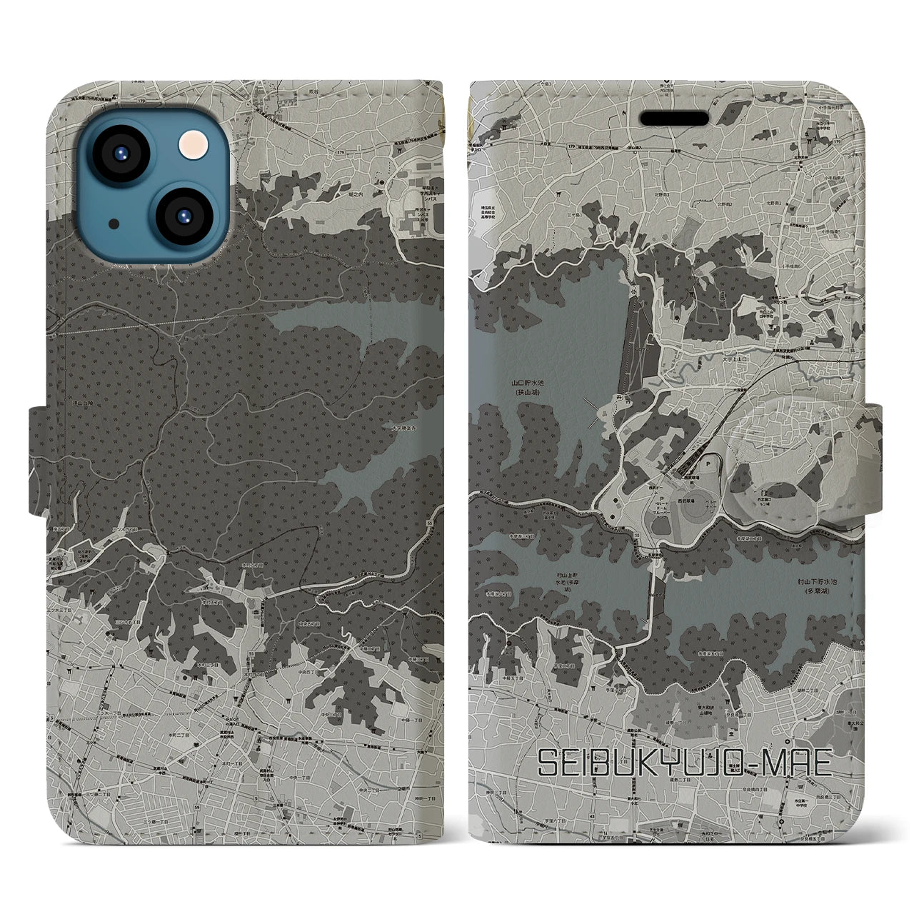 【西武球場前(埼玉県)】地図柄iPhoneケース(手帳タイプ)モノトーン・iPhone 13 用