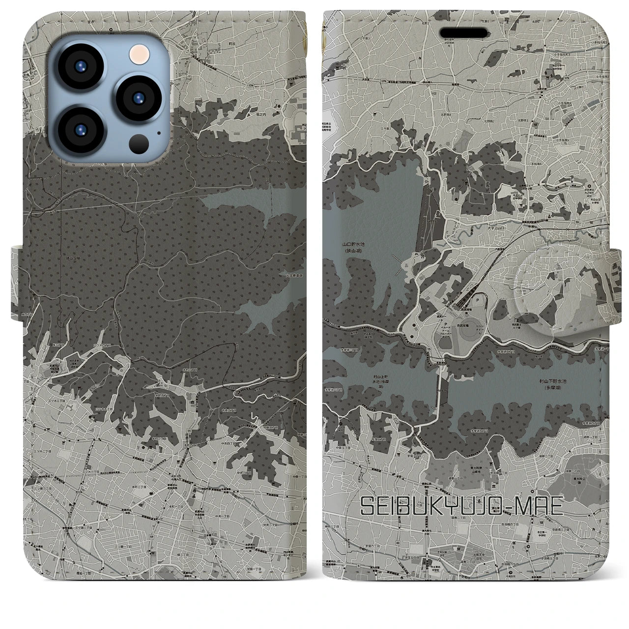 【西武球場前(埼玉県)】地図柄iPhoneケース(手帳タイプ)モノトーン・iPhone 13 Pro Max 用