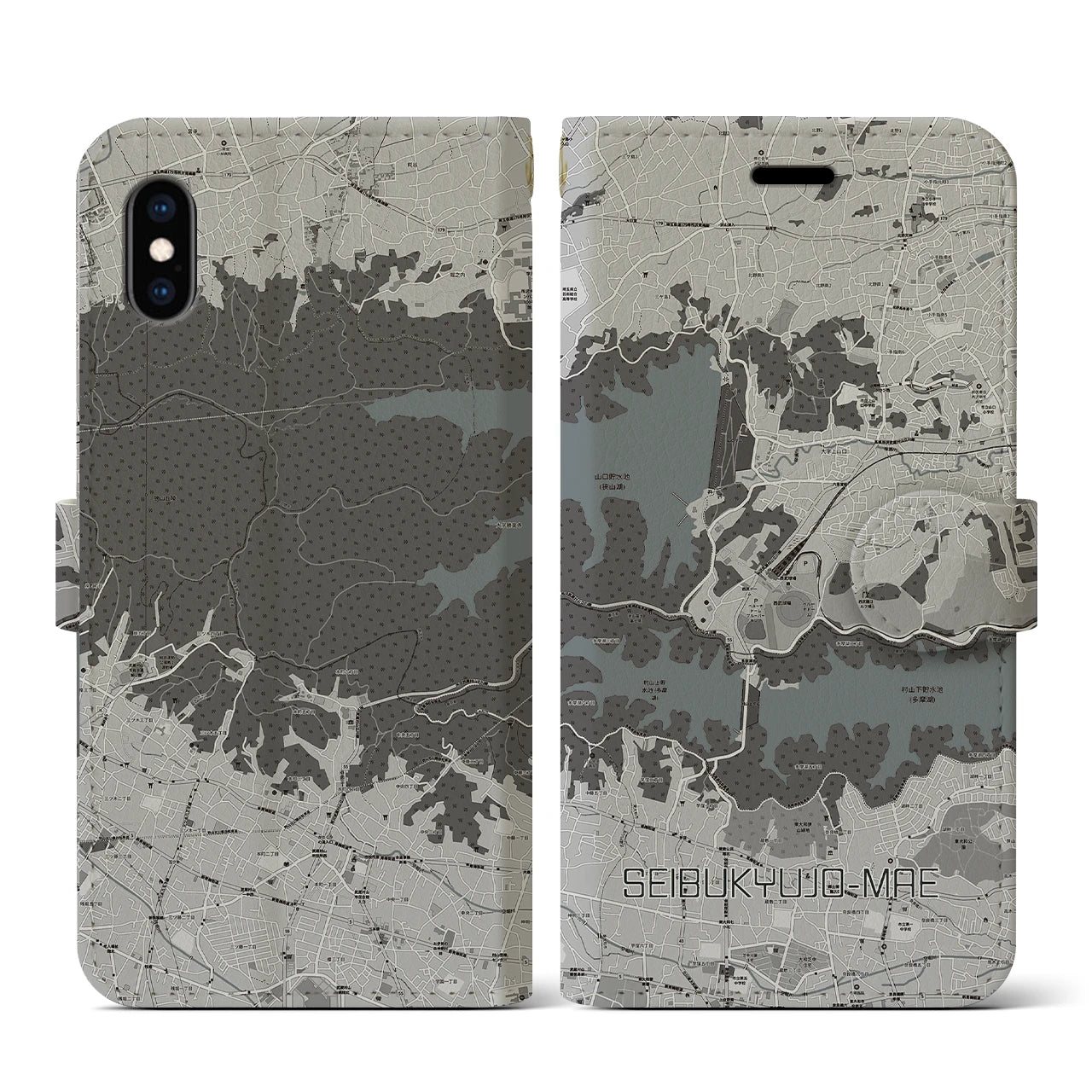 【西武球場前(埼玉県)】地図柄iPhoneケース(手帳タイプ)モノトーン・iPhone XS / X 用