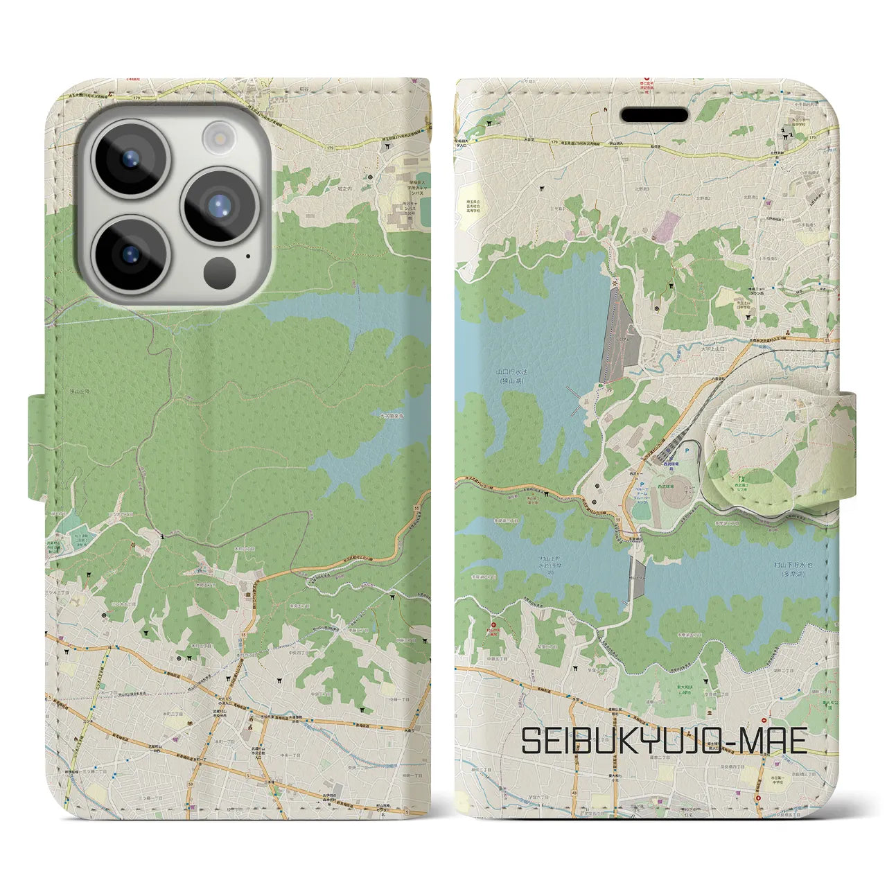 【西武球場前(埼玉県)】地図柄iPhoneケース(手帳タイプ)ナチュラル・iPhone 15 Pro 用