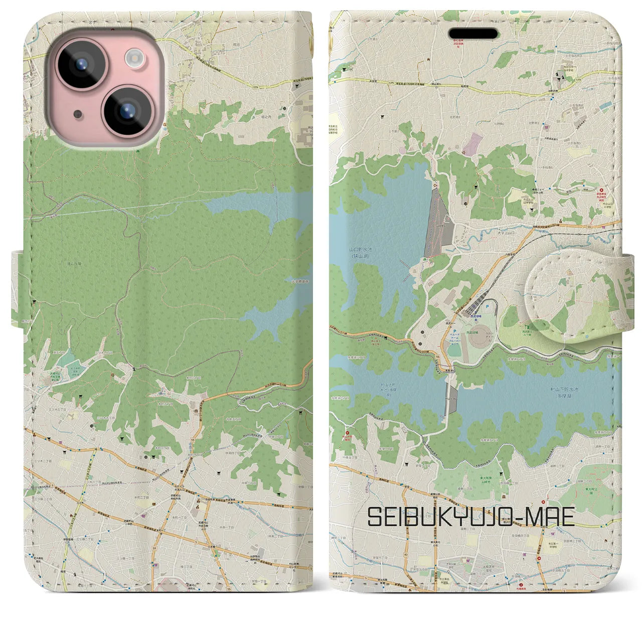 【西武球場前(埼玉県)】地図柄iPhoneケース(手帳タイプ)ナチュラル・iPhone 15 Plus 用