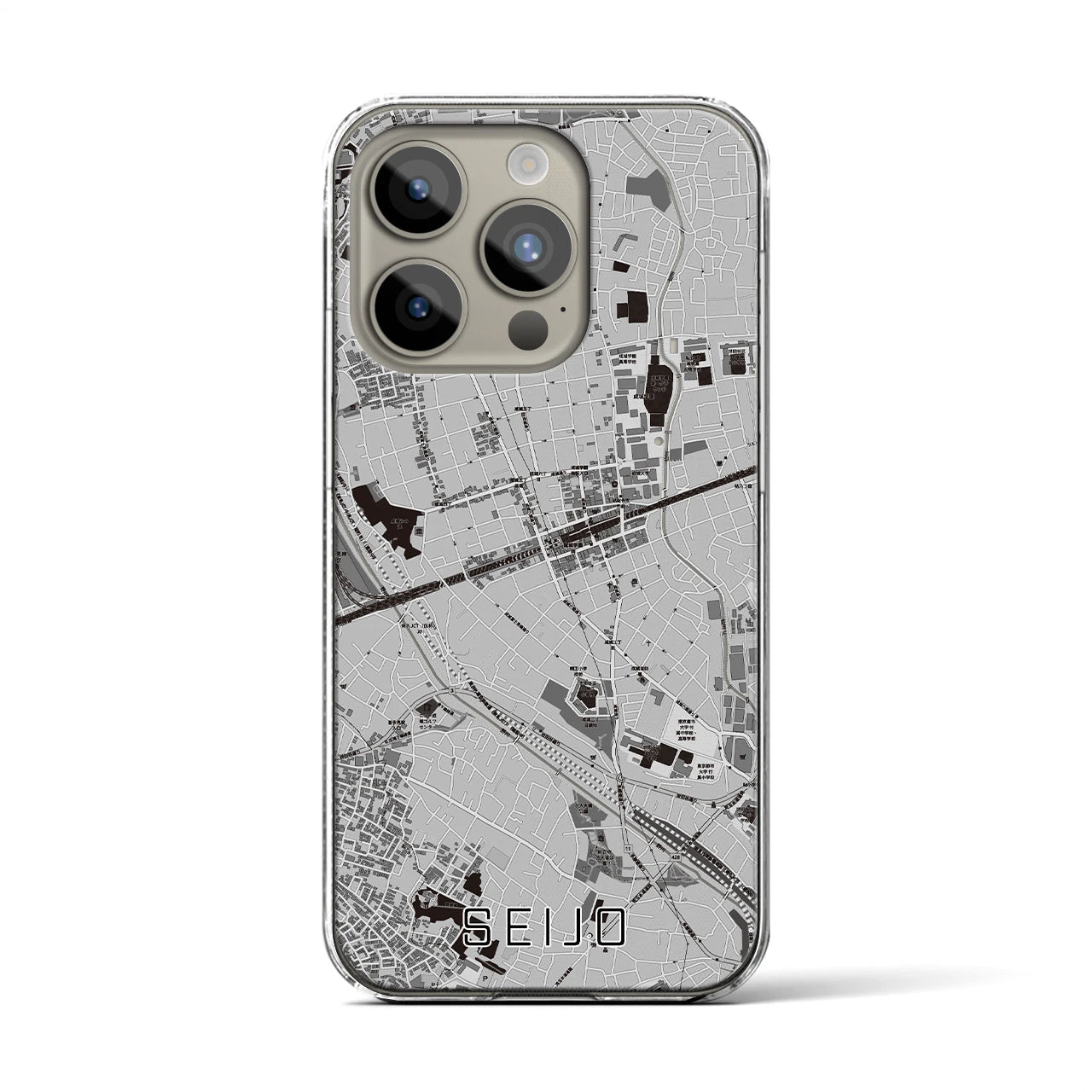 【成城(東京都)】地図柄iPhoneケース(クリアタイプ)モノトーン・iPhone 15 Pro 用