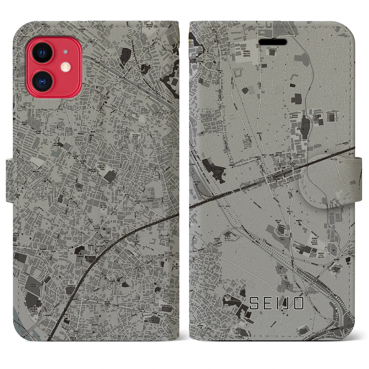 【成城(東京都)】地図柄iPhoneケース(手帳タイプ)モノトーン・iPhone 11 用