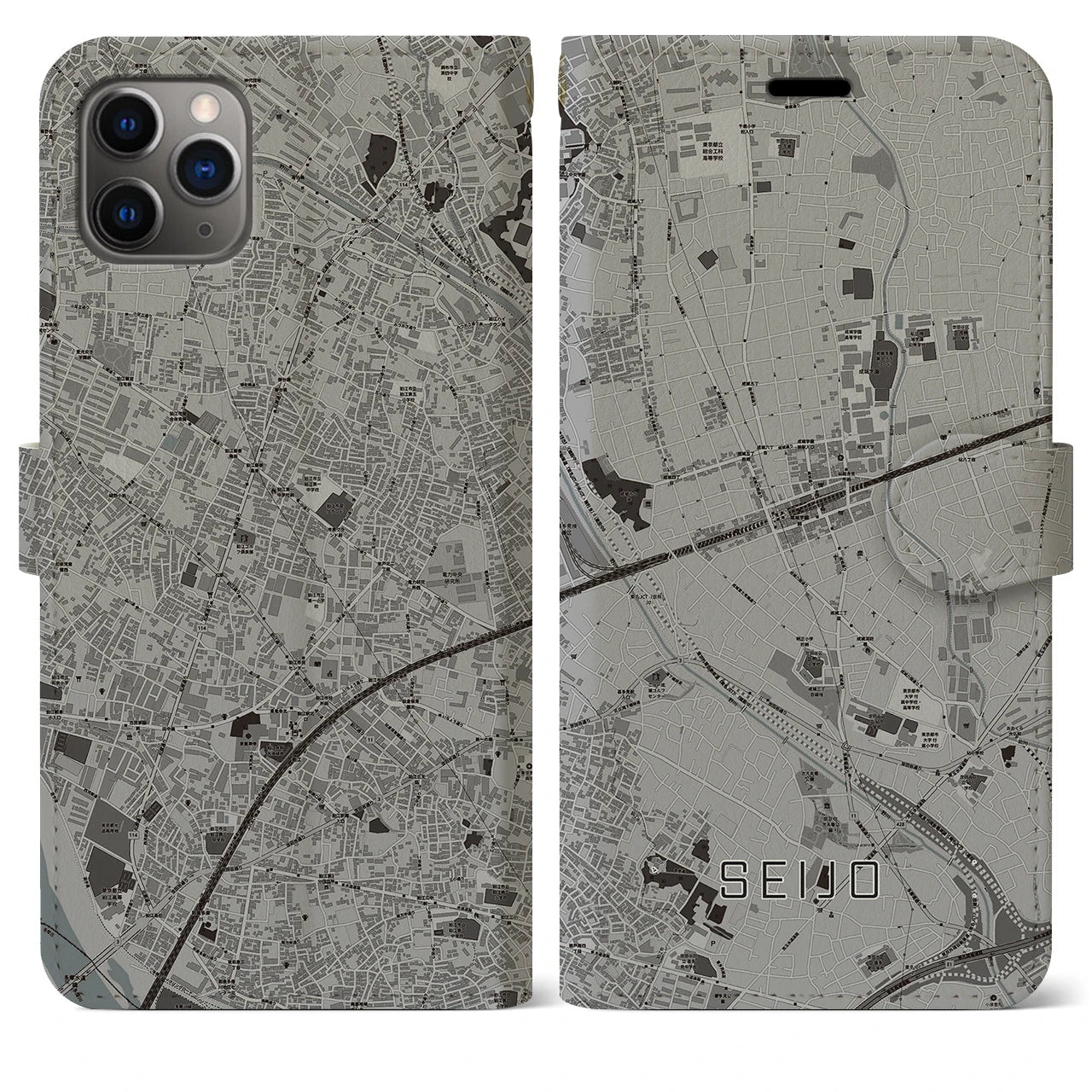 【成城(東京都)】地図柄iPhoneケース(手帳タイプ)モノトーン・iPhone 11 Pro Max 用