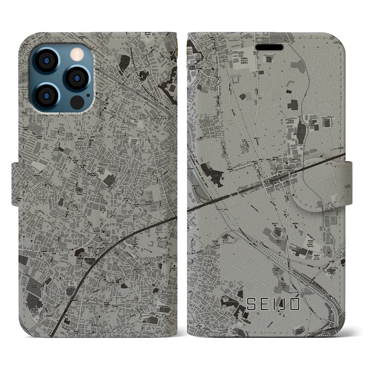 【成城(東京都)】地図柄iPhoneケース(手帳タイプ)モノトーン・iPhone 12 / 12 Pro 用