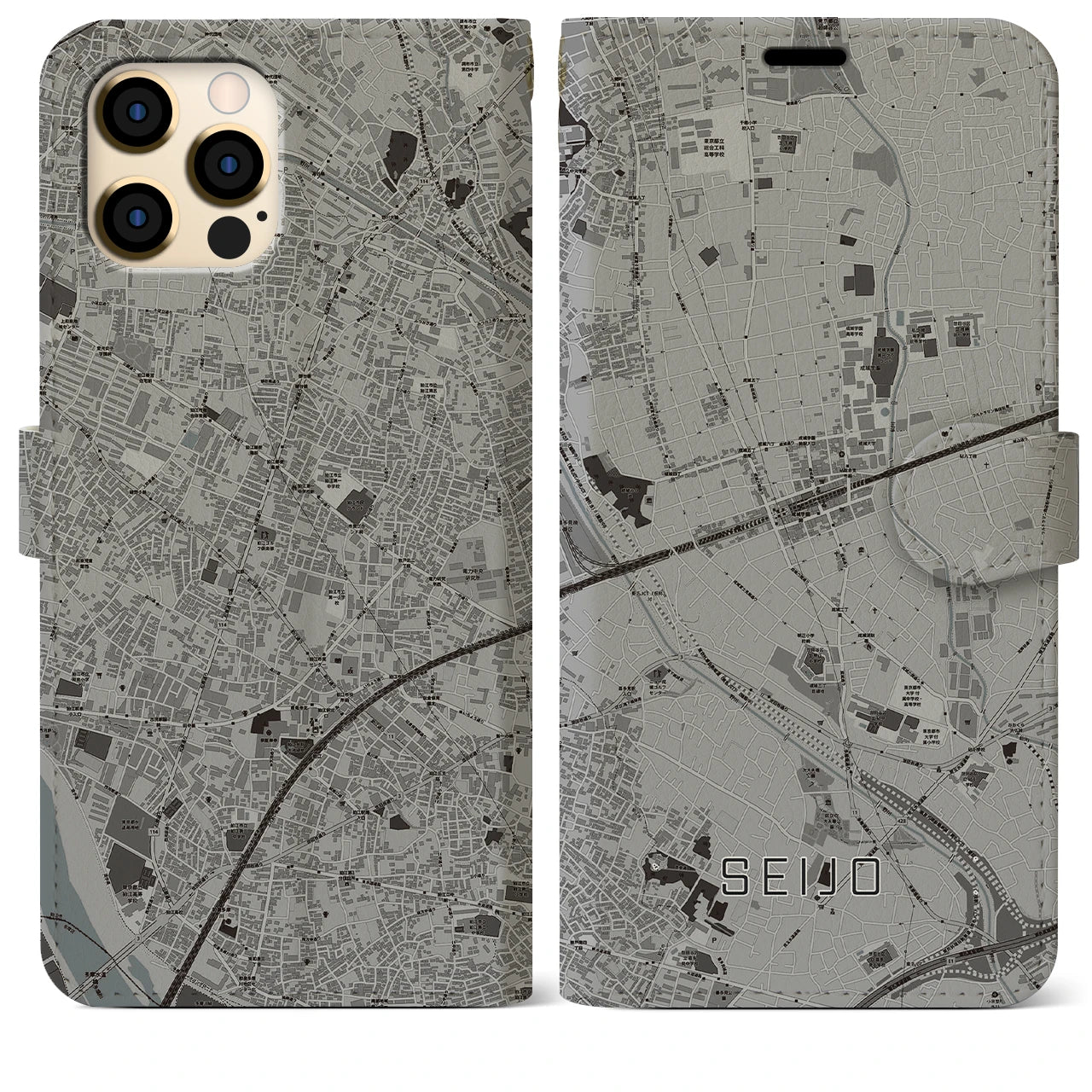 【成城(東京都)】地図柄iPhoneケース(手帳タイプ)モノトーン・iPhone 12 Pro Max 用