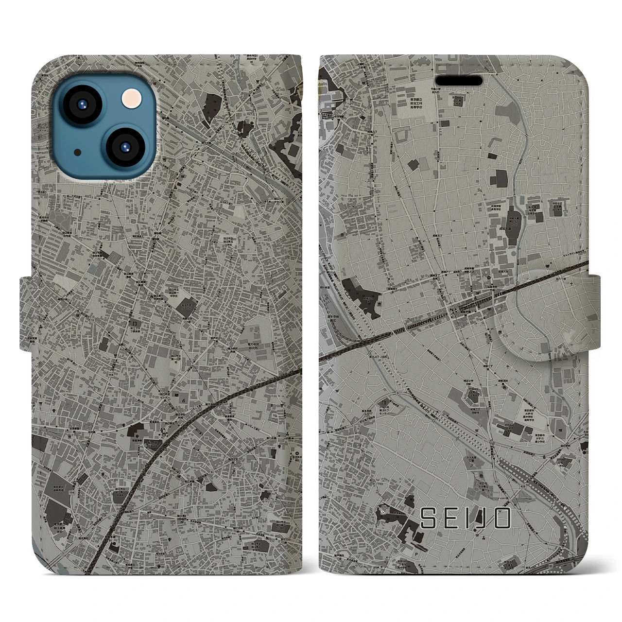 【成城(東京都)】地図柄iPhoneケース(手帳タイプ)モノトーン・iPhone 13 用