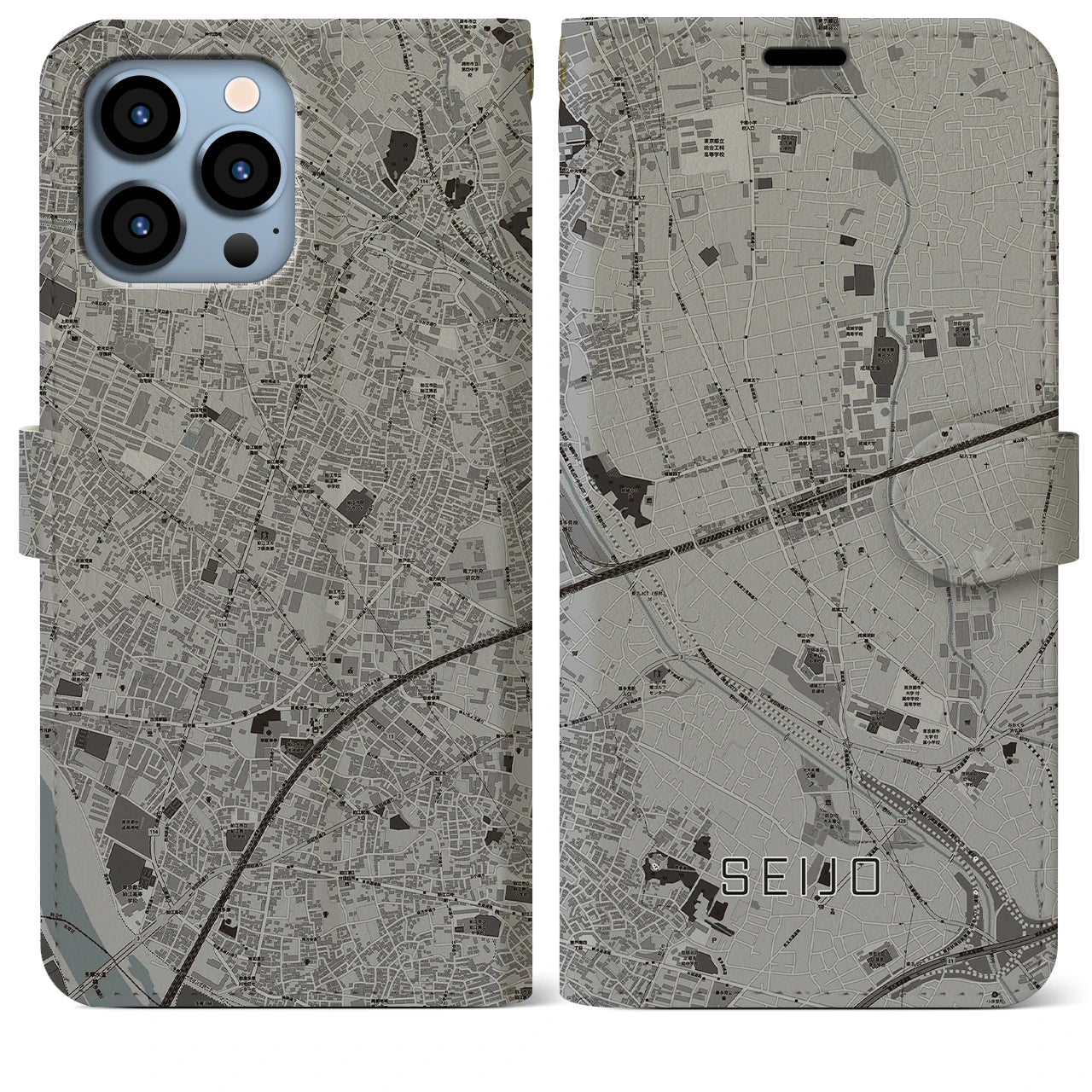 【成城(東京都)】地図柄iPhoneケース(手帳タイプ)モノトーン・iPhone 13 Pro Max 用