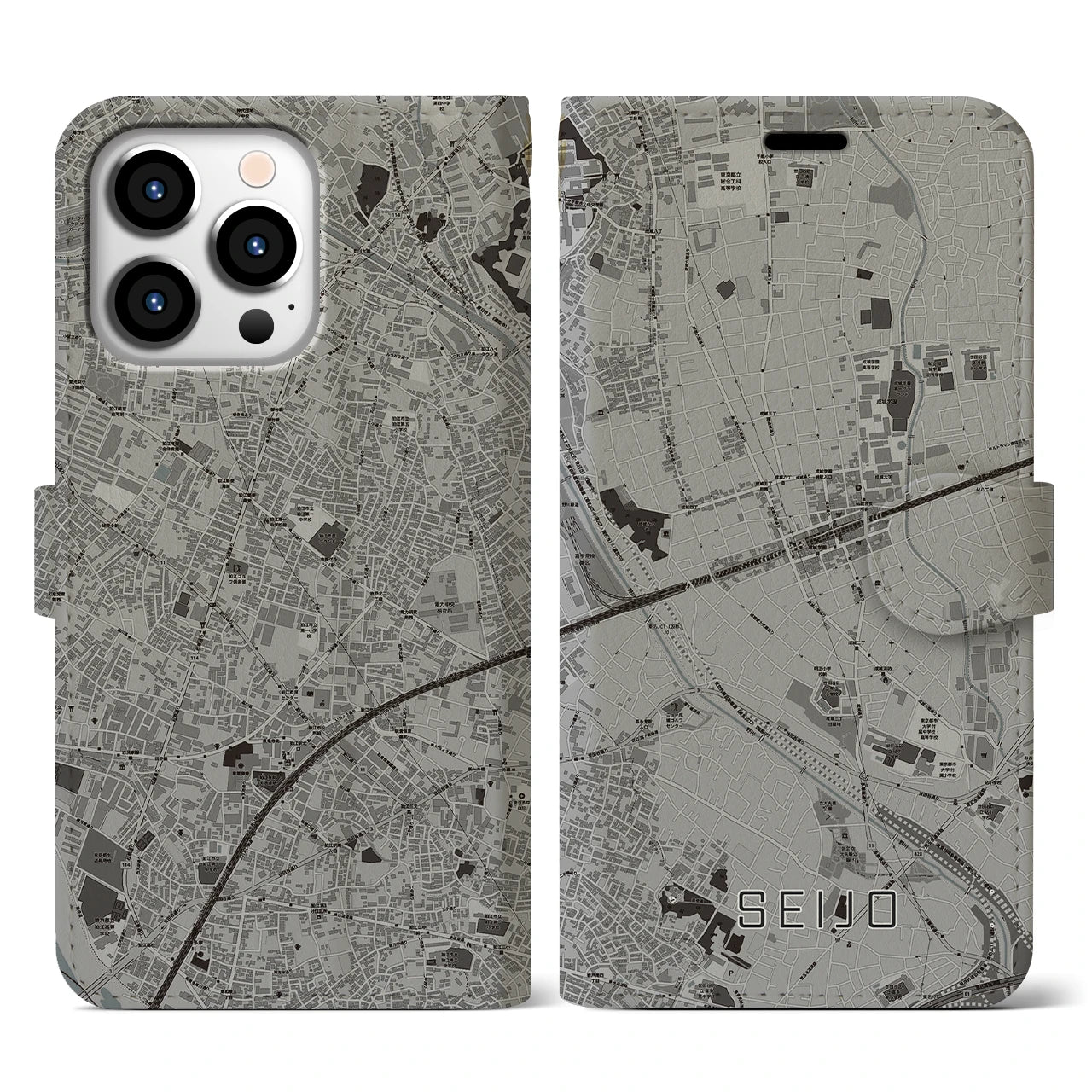 【成城(東京都)】地図柄iPhoneケース(手帳タイプ)モノトーン・iPhone 13 Pro 用