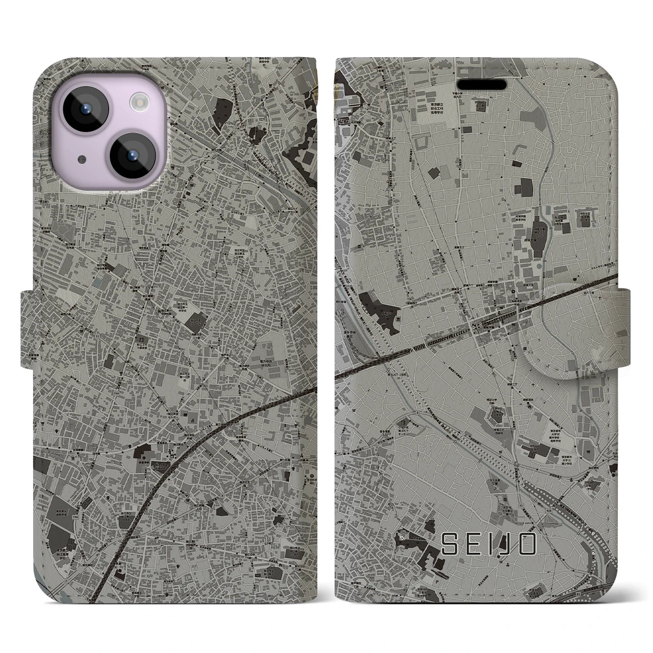 【成城(東京都)】地図柄iPhoneケース(手帳タイプ)モノトーン・iPhone 14 用