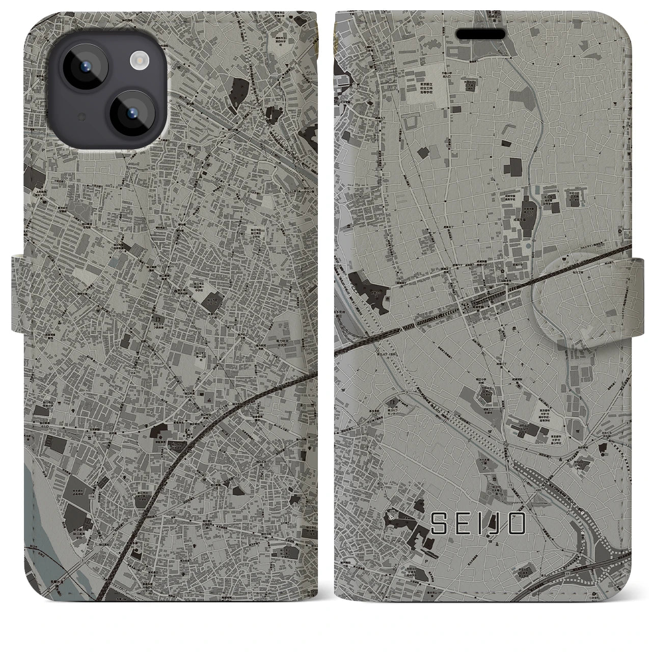 【成城(東京都)】地図柄iPhoneケース(手帳タイプ)モノトーン・iPhone 14 Plus 用