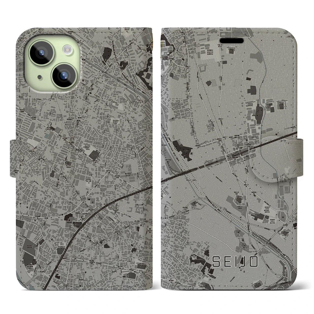 【成城(東京都)】地図柄iPhoneケース(手帳タイプ)モノトーン・iPhone 15 用