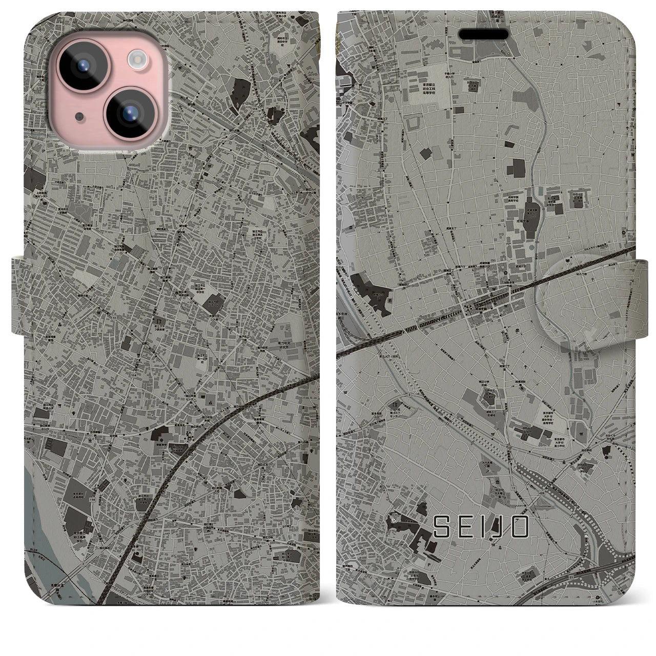 【成城(東京都)】地図柄iPhoneケース(手帳タイプ)モノトーン・iPhone 15 Plus 用