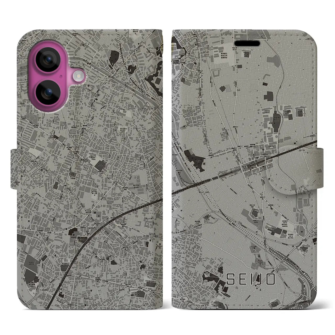 【成城(東京都)】地図柄iPhoneケース(手帳タイプ)モノトーン・iPhone 16 Pro 用