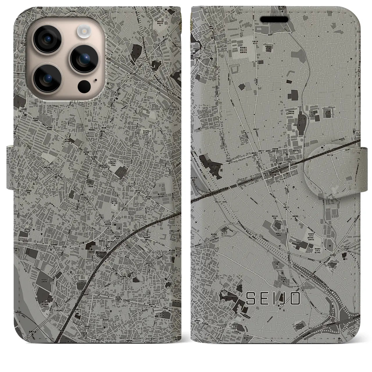 【成城(東京都)】地図柄iPhoneケース(手帳タイプ)モノトーン・iPhone 16 Plus 用