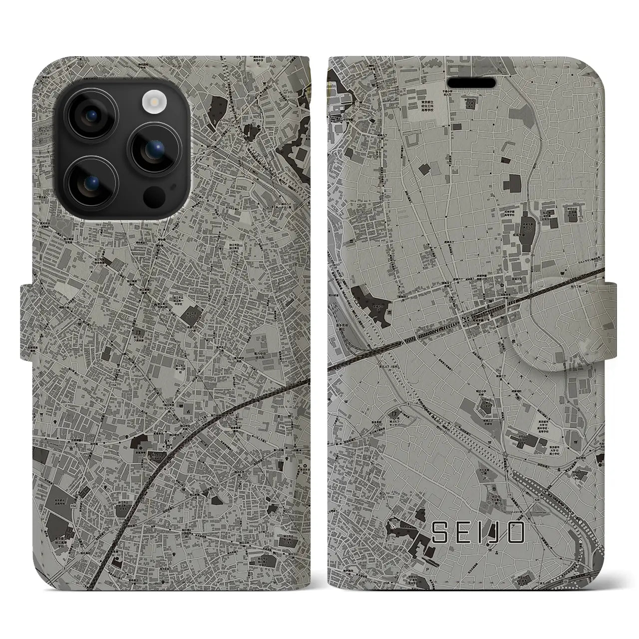 【成城(東京都)】地図柄iPhoneケース(手帳タイプ)モノトーン・iPhone 16 用