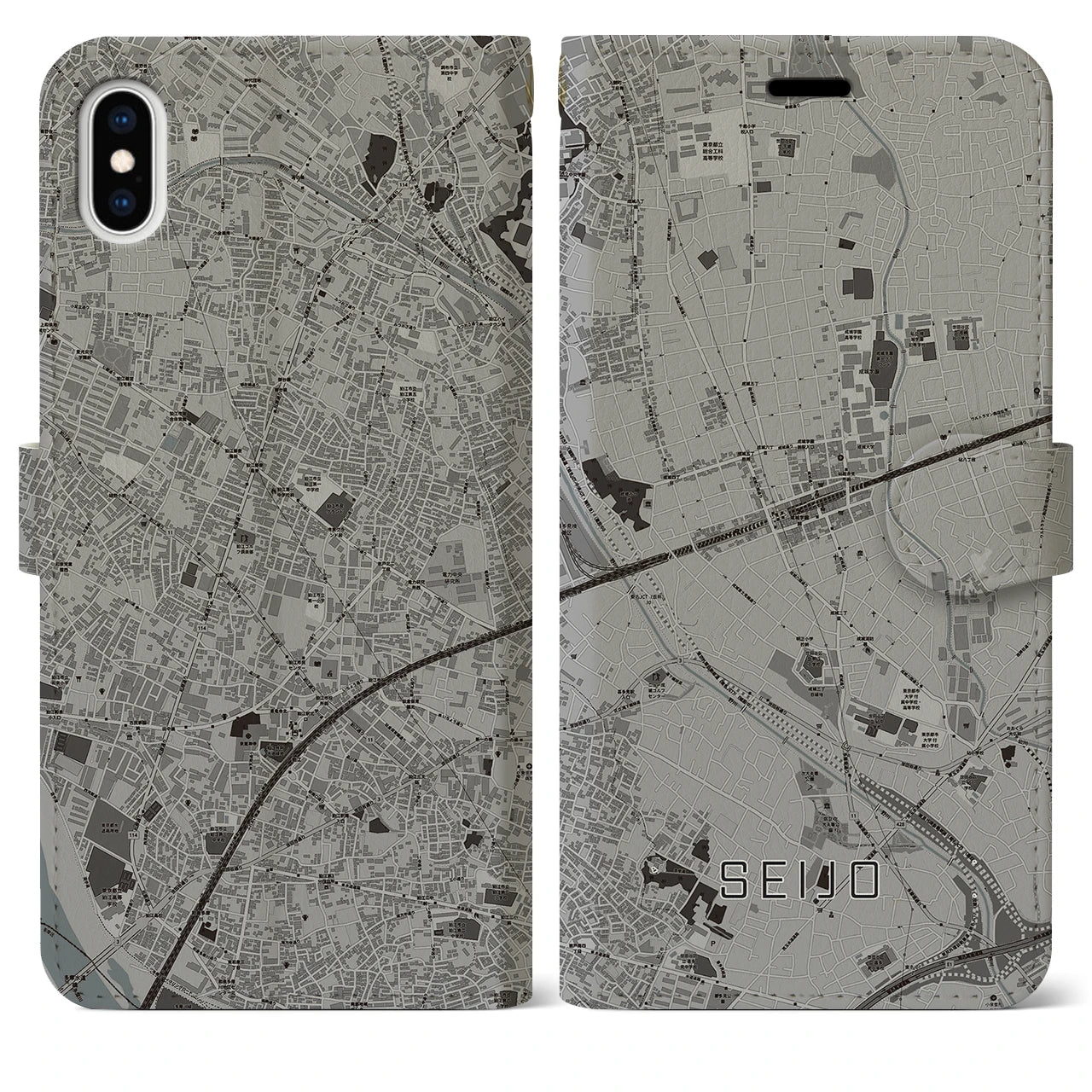 【成城(東京都)】地図柄iPhoneケース(手帳タイプ)モノトーン・iPhone XS Max 用