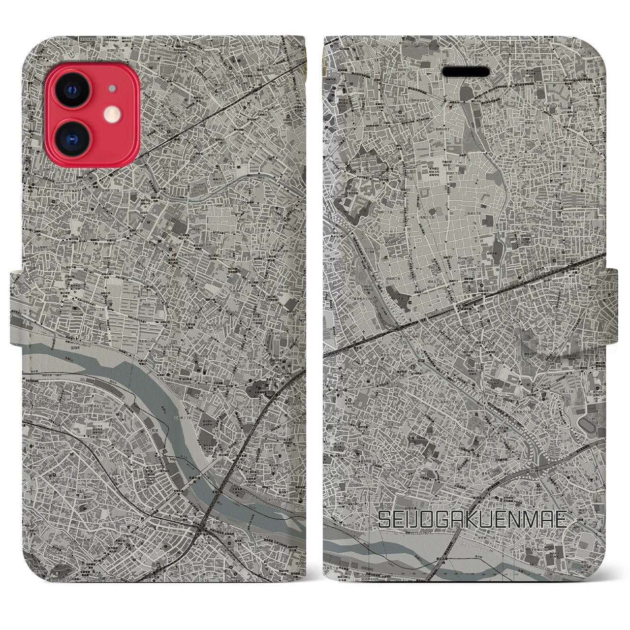 【成城学園前(東京都)】地図柄iPhoneケース(手帳タイプ)モノトーン・iPhone 11 用