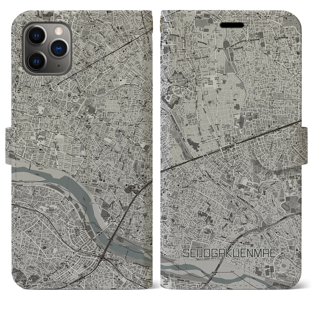 【成城学園前(東京都)】地図柄iPhoneケース(手帳タイプ)モノトーン・iPhone 11 Pro Max 用