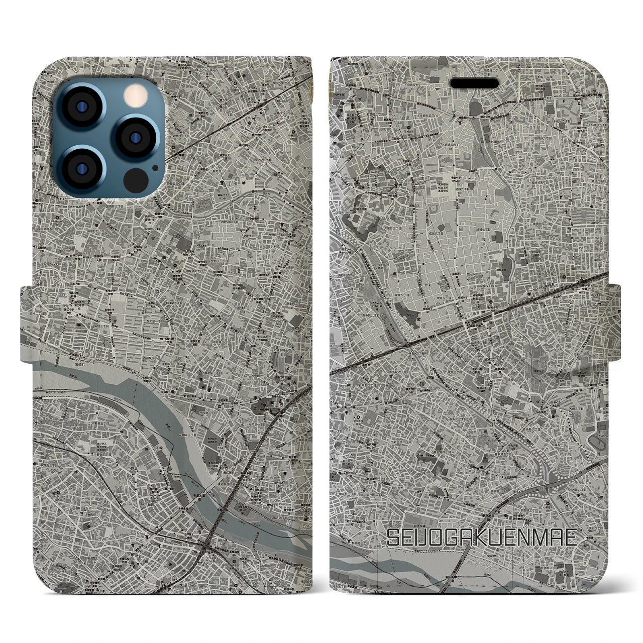 【成城学園前(東京都)】地図柄iPhoneケース(手帳タイプ)モノトーン・iPhone 12 / 12 Pro 用