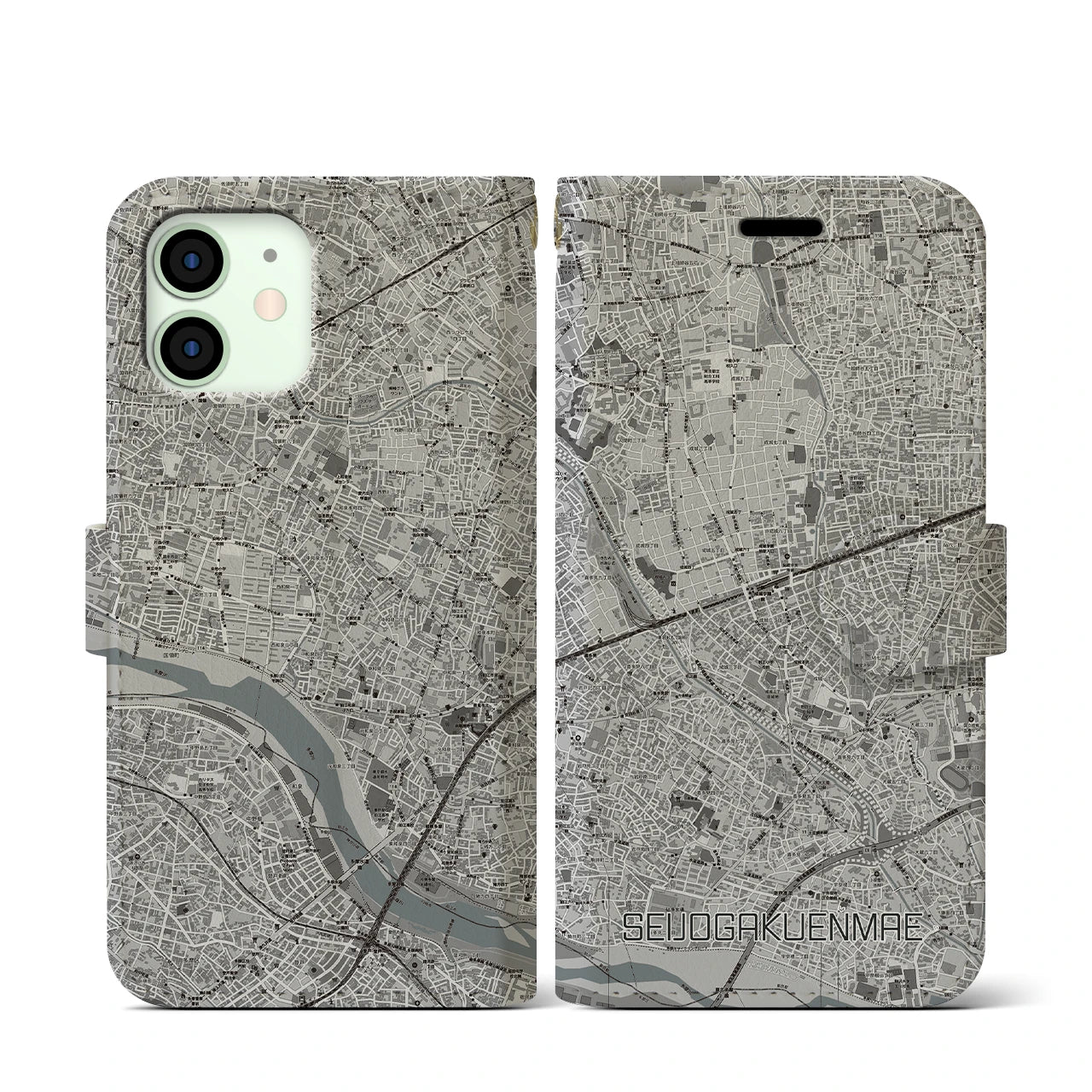 【成城学園前(東京都)】地図柄iPhoneケース(手帳タイプ)モノトーン・iPhone 12 mini 用