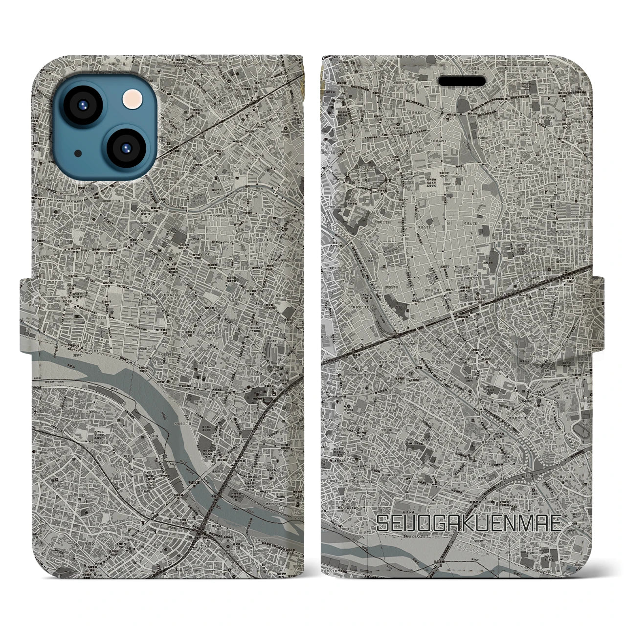 【成城学園前(東京都)】地図柄iPhoneケース(手帳タイプ)モノトーン・iPhone 13 用