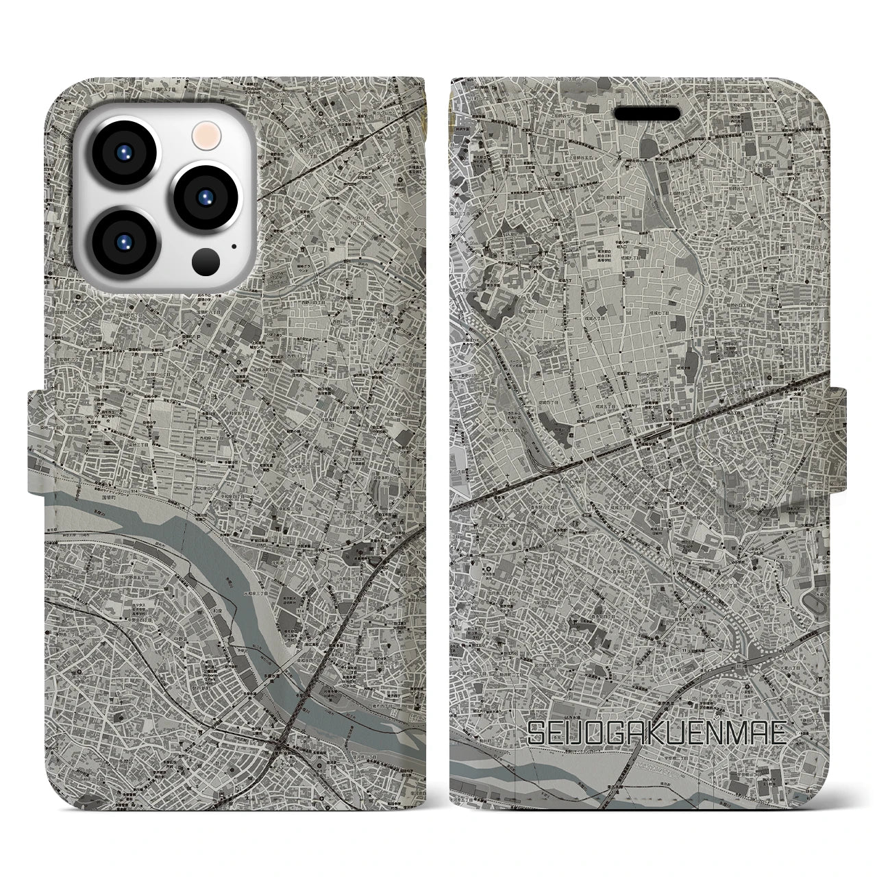 【成城学園前(東京都)】地図柄iPhoneケース(手帳タイプ)モノトーン・iPhone 13 Pro 用
